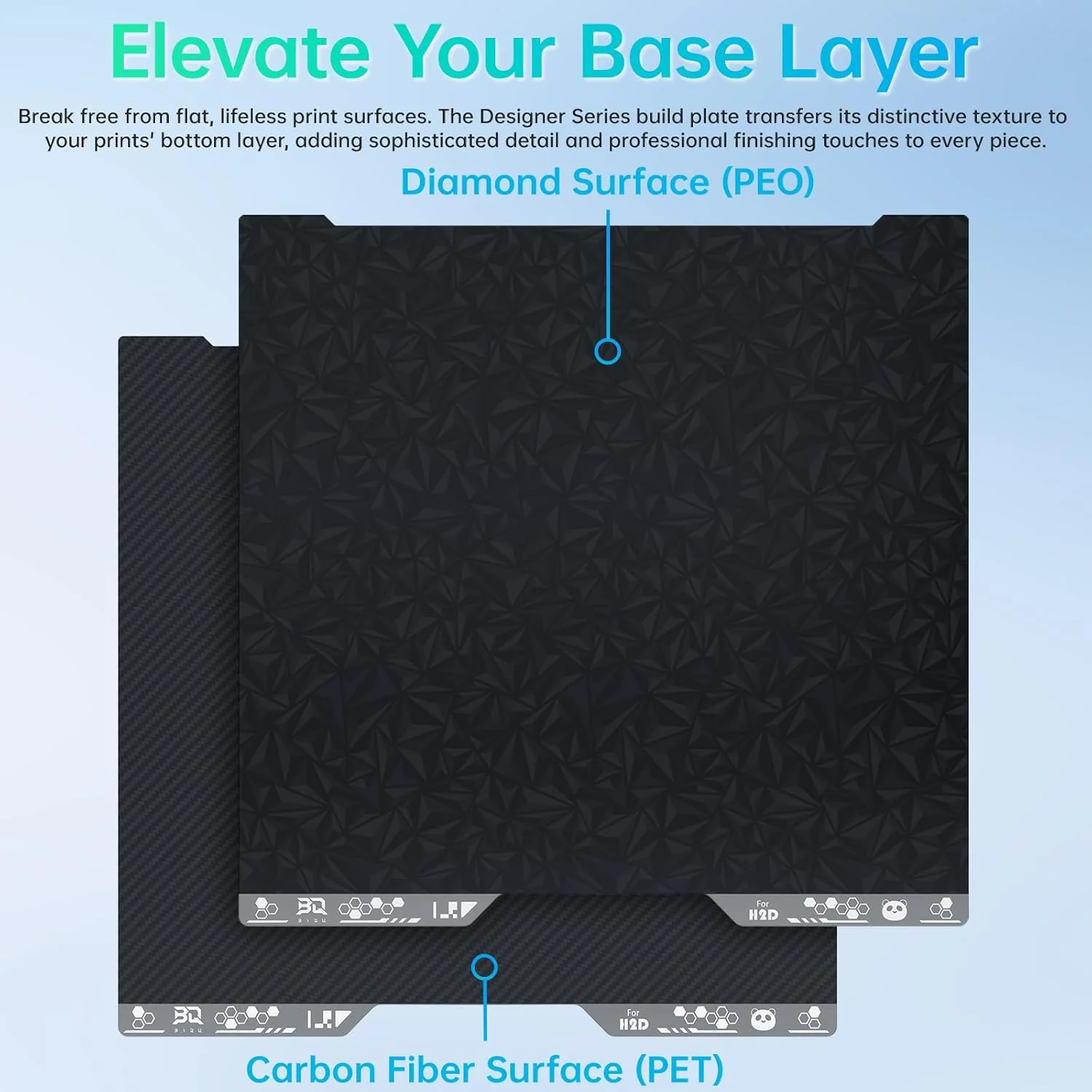 صفحه ساخت دو طرفه صاف PEO + PET طراح BIQU برای پرینترهای سه بعدی Bambu-Lab H2D/H2S، ورق فولادی فنری انعطاف پذیر 346x355mm، پلتفرم سطح جداشدنی