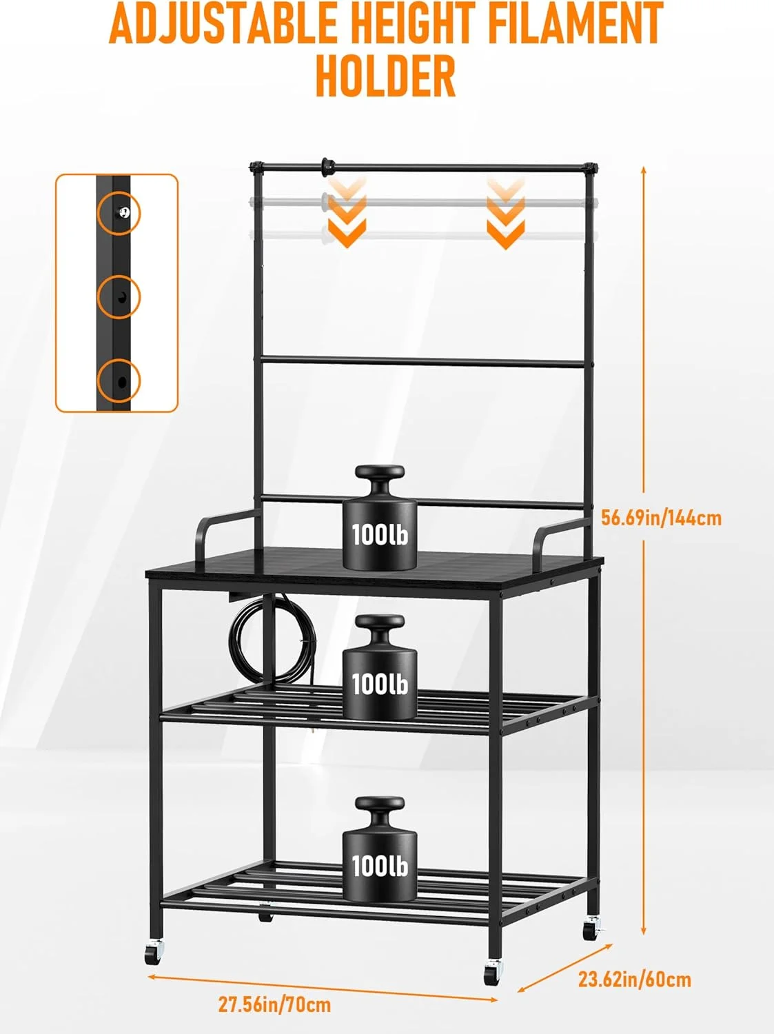پایه پرینتر سه بعدی Baoz با فضای ذخیره سازی فیلامنت، میز سه طبقه چرخ دار پرینتر سه بعدی با چرخ، دارای پریز برق داخلی، میز پایه سنگین برای PLA/ABS/PETG/TPU، چرخ دستی پرینتر برای استودیو، دفتر، کارگاه