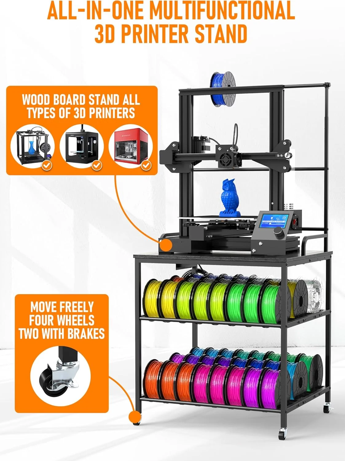 پایه پرینتر سه بعدی Baoz با فضای ذخیره سازی فیلامنت، میز سه طبقه چرخ دار پرینتر سه بعدی با چرخ، دارای پریز برق داخلی، میز پایه سنگین برای PLA/ABS/PETG/TPU، چرخ دستی پرینتر برای استودیو، دفتر، کارگاه