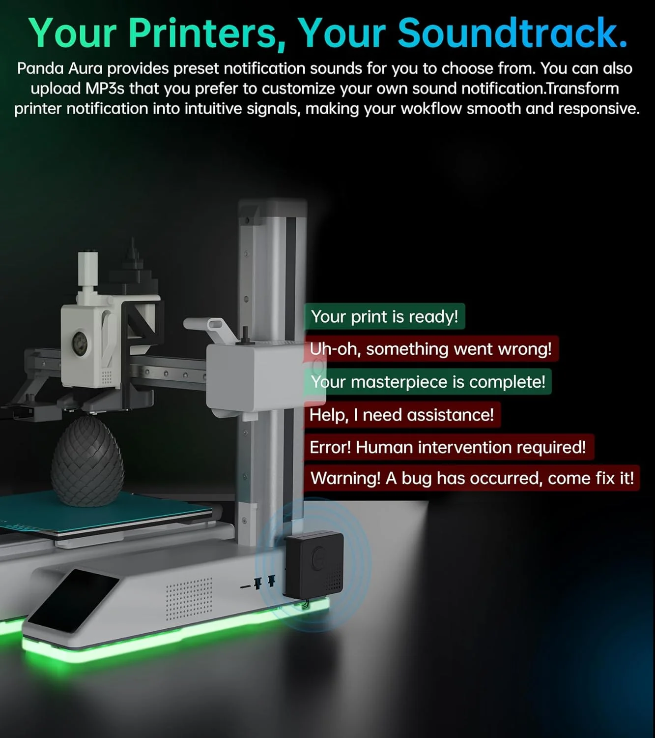 BIQU Panda Aura برای پرینتر سه بعدی Bambu-Lab A1 Mini، نشانگر وضعیت با رنگ نور و جلوه صوتی قابل تنظیم، نورپردازی به سبک H2D، کنترل از طریق وب/برنامه