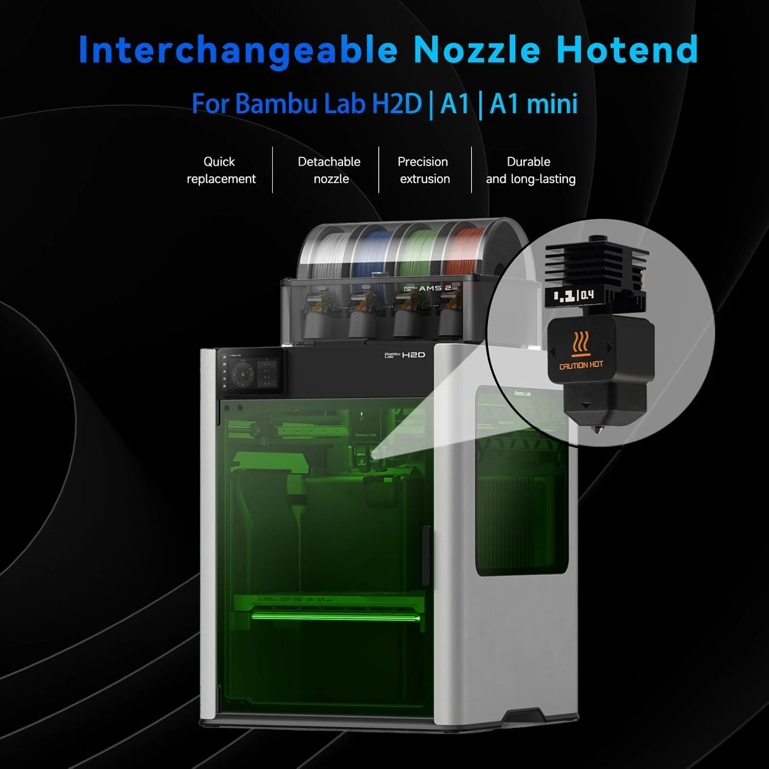 نازل هات‌اند P2S/H2D با سایزهای 0.2/0.4/0.6 میلی‌متر برای پرینتر سه بعدی Bambu Lab P2S/H2D/H2S، نازل فولاد سخت تعویض‌شدنی برای پرینتر سه بعدی Bambu Lab A1/A1 mini، لوازم جانبی جایگزین اکسترودر