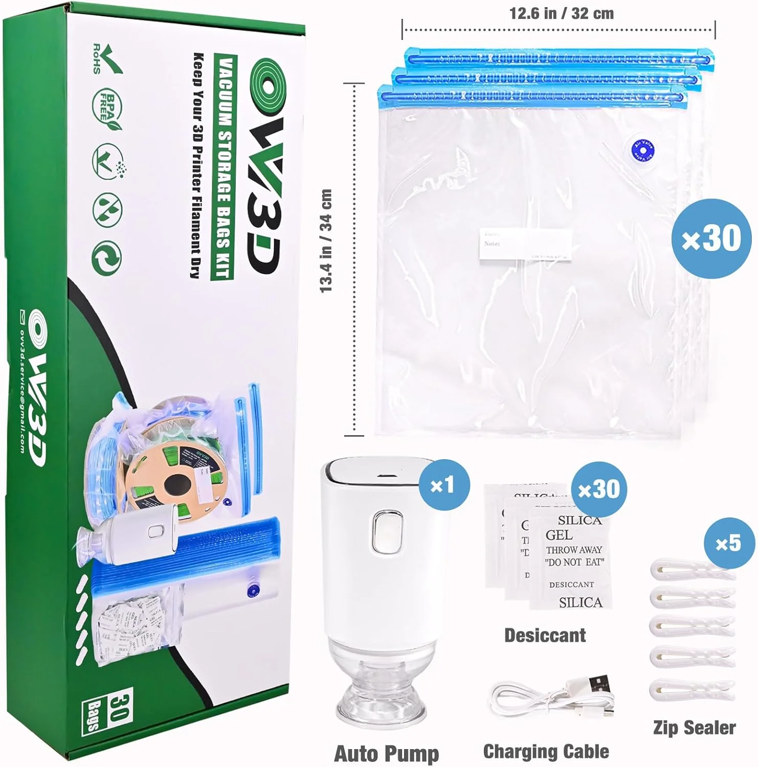 کیسه های نگهداری فیلامنت OVV3D، بسته 30 عددی، سایز بزرگ 32X34 سانتی متر، کیت وکیوم با 30 عدد ماده خشک کننده، پمپ اتوماتیک، ایده آل برای نگهداری فیلامنت پرینتر سه بعدی یا استفاده پس از جعبه خشک کن فیلامنت