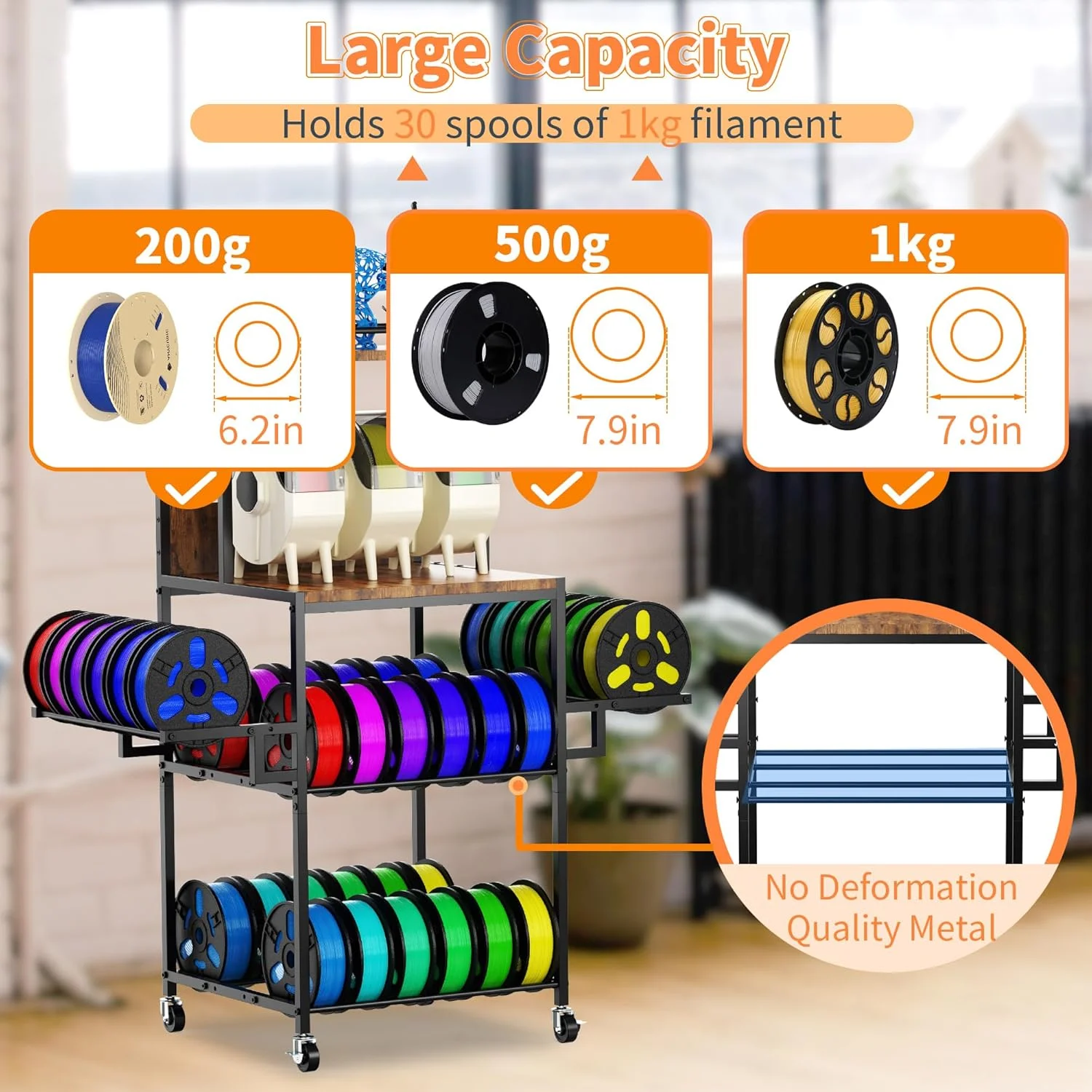 میز پرینتر سه بعدی با محفظه نگهداری فیلامنت، استند چرخدار پرینتر با چرخ برای میز، قفسه نگهدارنده قرقره فلزی و چوبی مستحکم برای کارگاه، استودیو، دفتر (3 طبقه)