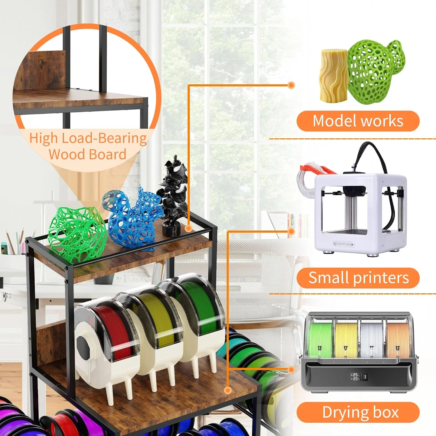 میز پرینتر سه بعدی با محفظه نگهداری فیلامنت، استند چرخدار پرینتر با چرخ برای میز، قفسه نگهدارنده قرقره فلزی و چوبی مستحکم برای کارگاه، استودیو، دفتر (3 طبقه)