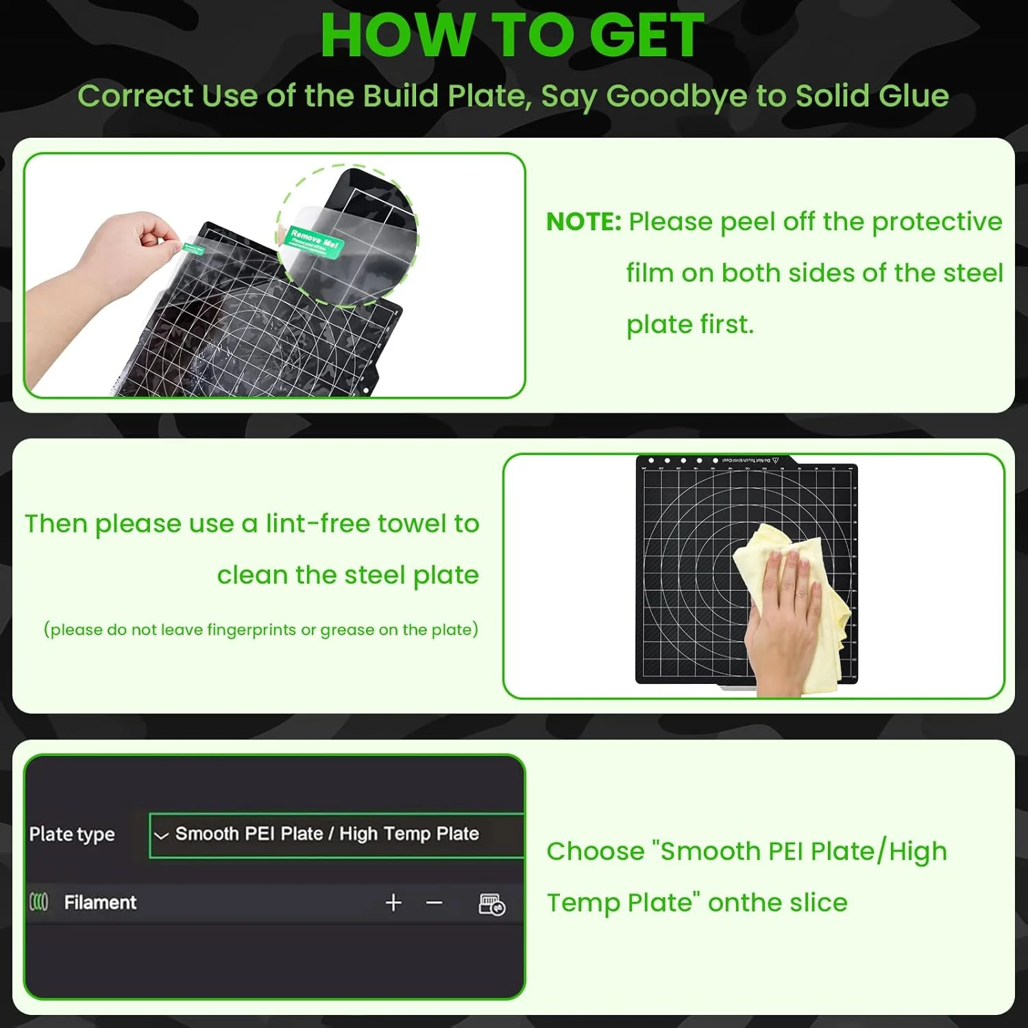 صفحه ساخت پرینتر سه بعدی، سازگار با Bambu-Lab X1 P1 A1، انتقال طرح استتار و فیبر کربن به پرینت ها، دارای شبکه موقعیت یابی، چسبندگی قوی، ورق فولادی فنری با رهاسازی آسان