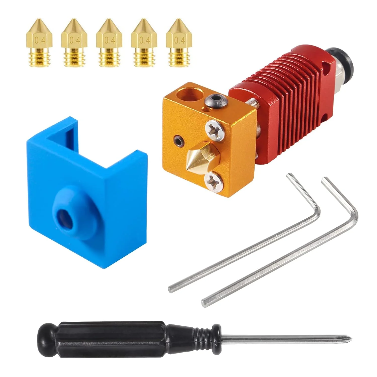 کیت هات‌اند پرینتر سه بعدی Aokin برای Creality Ender 3، Ender 3 Pro، Ender 3 V2، CR-10، CR-10S، اکسترودر هات‌اند اسمبل شده ارتقا یافته با 6 عدد نازل برنجی 0.4 میلی‌متری، 1 عدد جوراب سیلیکونی آبی و ابزار نصب