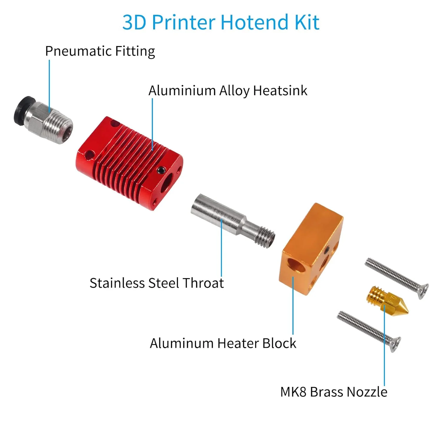 کیت هات‌اند پرینتر سه بعدی Aokin برای Creality Ender 3، Ender 3 Pro، Ender 3 V2، CR-10، CR-10S، اکسترودر هات‌اند اسمبل شده ارتقا یافته با 6 عدد نازل برنجی 0.4 میلی‌متری، 1 عدد جوراب سیلیکونی آبی و ابزار نصب