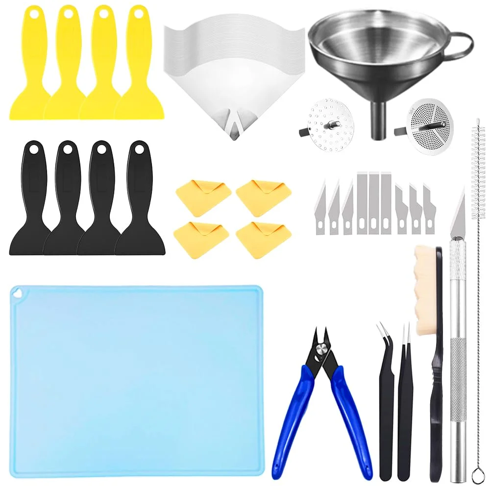 کیت ابزار لوازم جانبی پرینتر سه بعدی رزینی شامل فیلتر استیل، پد سیلیکونی و ابزار پلاستیکی برای تمیز کردن، ابزارهای اساسی برای انتقال رزین در پرینت سه بعدی