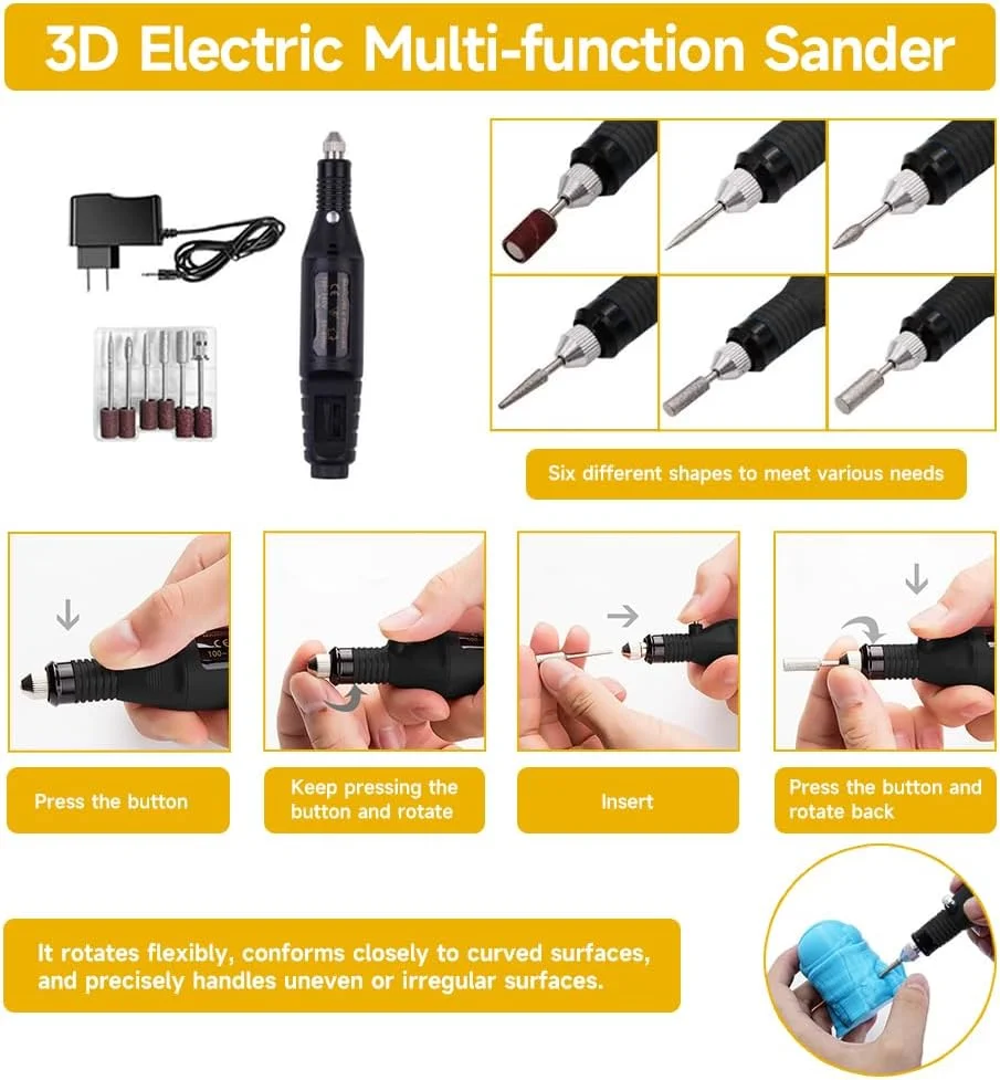 مجموعه ابزار پرداخت و صافکاری پرینتر سه بعدی Anyman شامل هویه دیجیتال، ابزار پلیسه برداری، دستگاه پولیش برقی برای حذف، تمیز کردن و پرداخت پرینتر سه بعدی