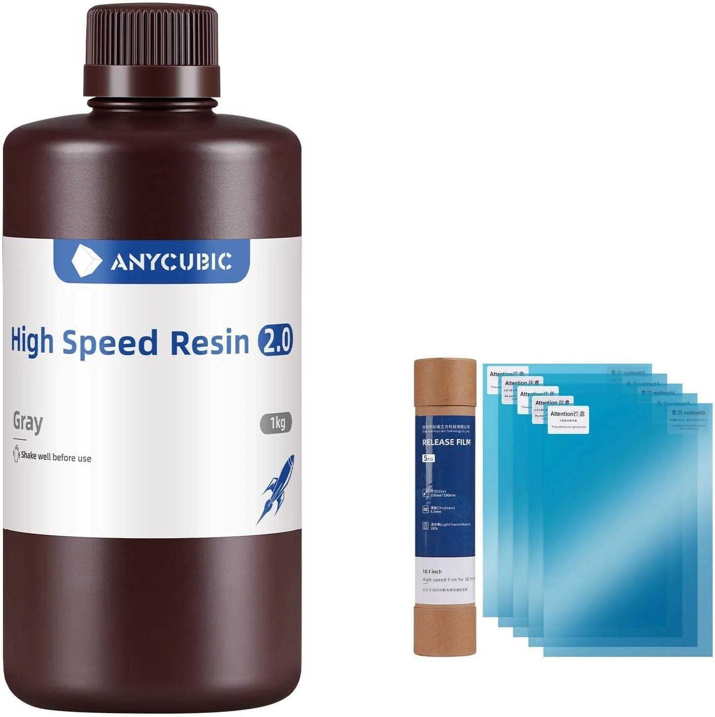 رزین پرینتر سه بعدی سرعت بالا ANYCUBIC 2.0 خاکستری 1 کیلوگرم و فیلم سرعت بالا ACF سایز 10.1 اینچ ANYCUBIC بسته 5 عددی