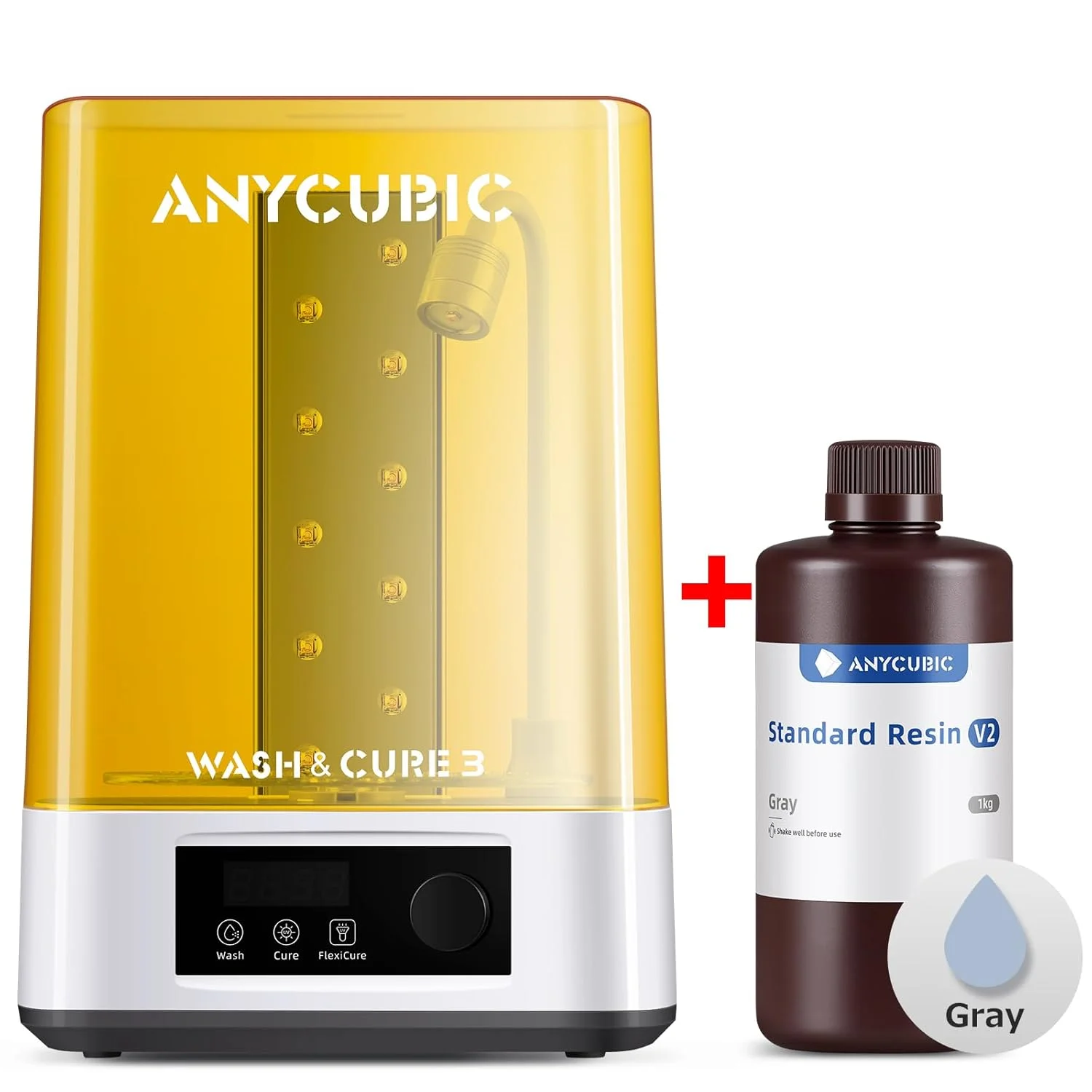 دستگاه شستشو و کیور Anycubic 3.0 + رزین استاندارد Anycubic V2 خاکستری 1 کیلوگرمی مخصوص پرینتر سه بعدی
