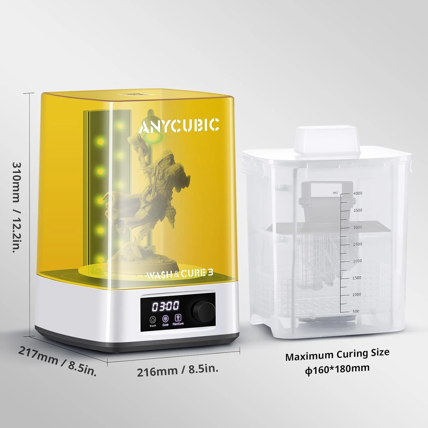 دستگاه شستشو و خشک کن مدل 3.0 ANYCUBIC، فرآیند پس از چاپگر رزینی سه بعدی برای اکثر چاپگرهای رزینی LCD/SLA/MSLA/DLP، صرفه جویی در مواد شوینده و مدل های شستشو و خشک کردن دوگانه