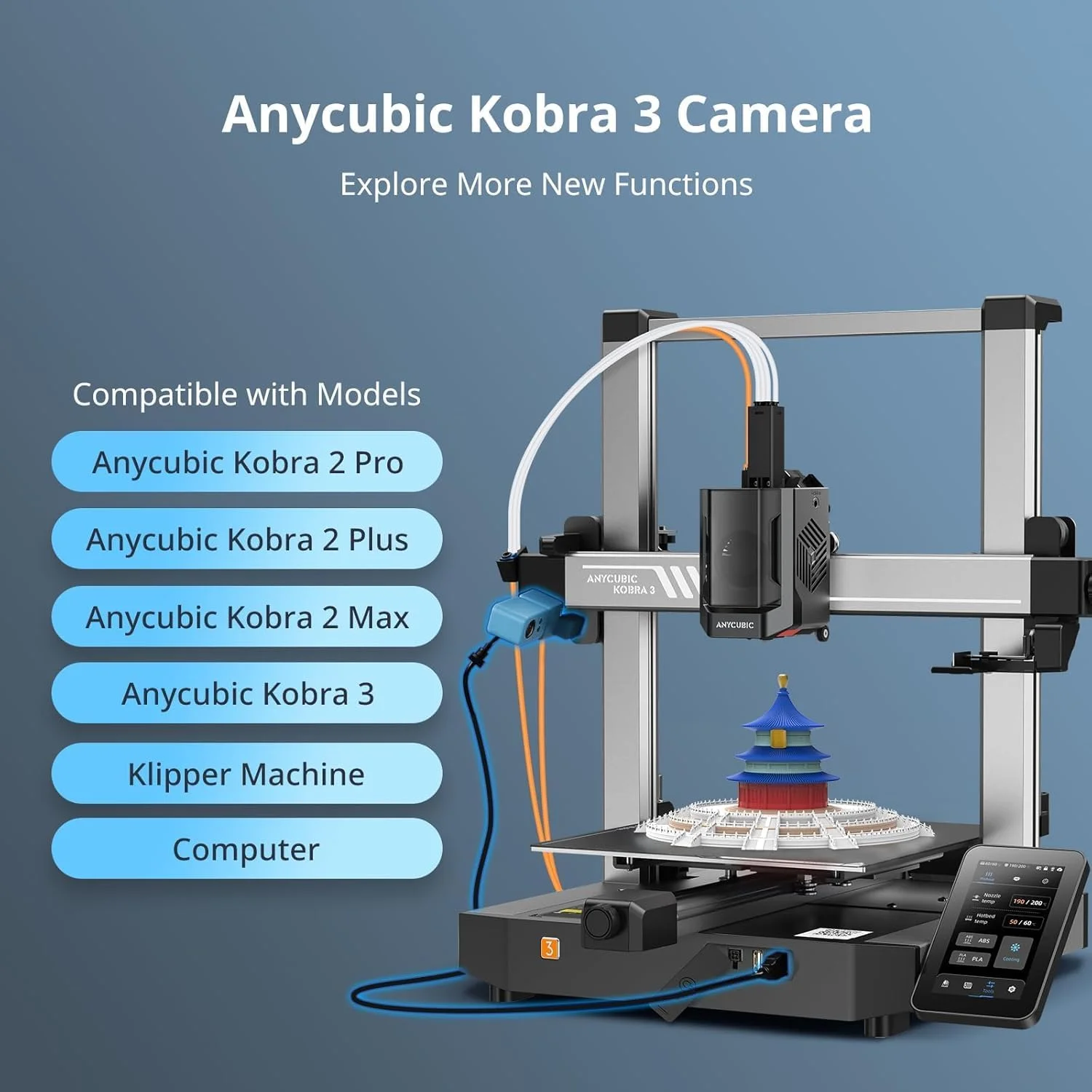 دوربین پرینتر سه بعدی Anycubic Kobra 3، سازگار با پرینترهای Kobra 3/ Kobra 2 Pro/Plus/Max/Klipper، نظارت از راه دور و بلادرنگ، وضوح فوق العاده، نصب آسان و قاب DIY