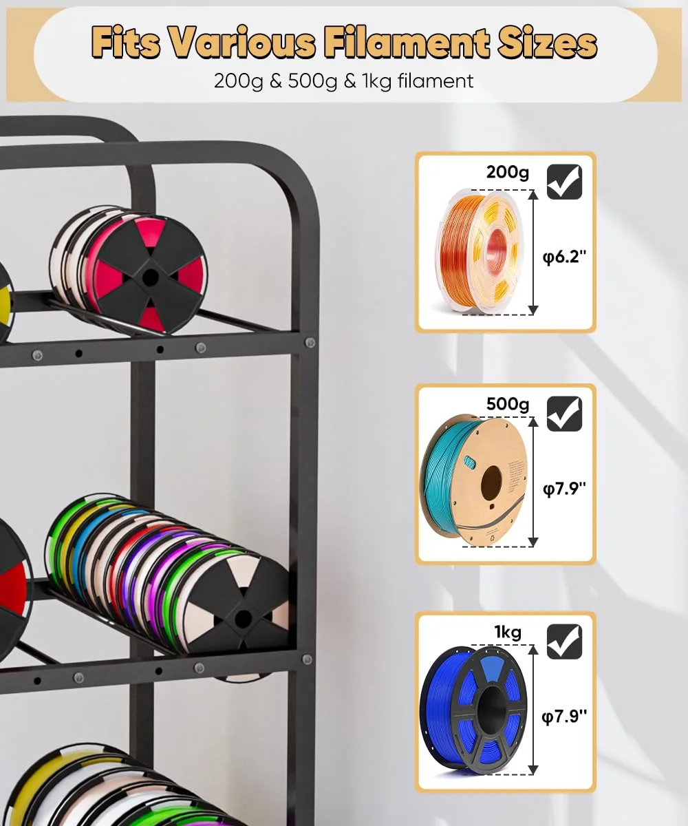 قفسه نگهداری فیلامنت پرینتر سه بعدی سه طبقه با چرخ، استند چرخدار نگهدارنده قرقره، ظرفیت تا 36 قرقره 1 کیلوگرمی، قفسه فلزی سنگین برای سازماندهی فیلامنت ها در استودیو چاپ، دفتر کار و کارگاه