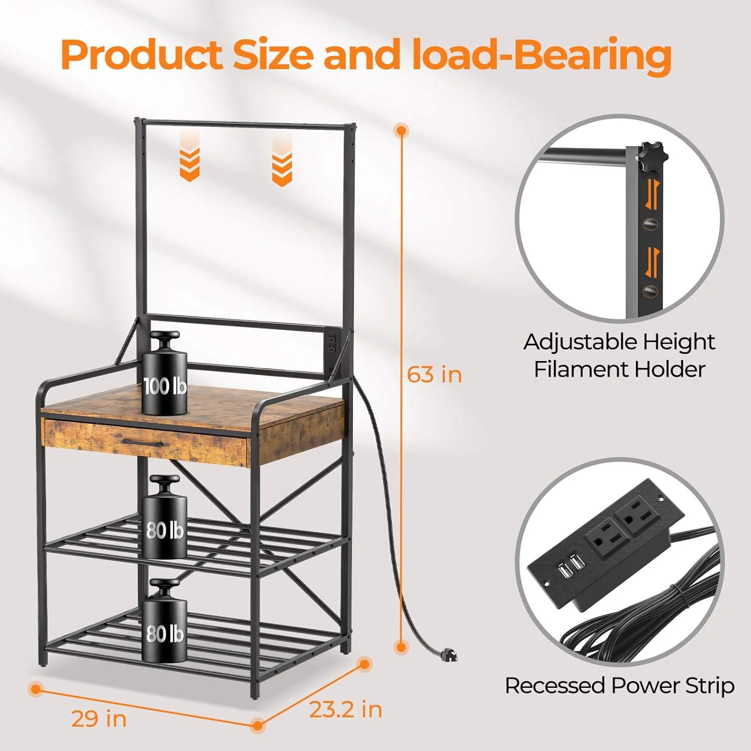 پایه پرینتر سه بعدی با هاب برق و قفسه نگهداری بالایی - پایداری براکت X سنگین، ذخیره سازی 3 طبقه و سازمان دهنده ابزار برای کارگاه و دفتر