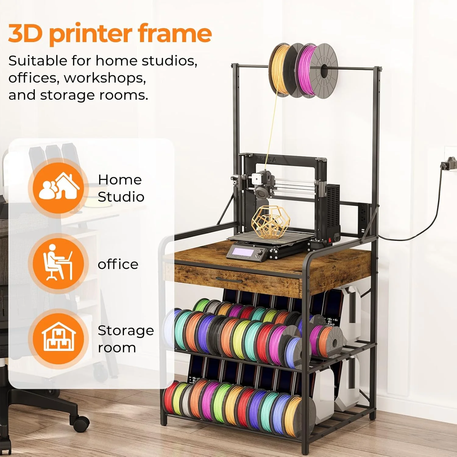 پایه پرینتر سه بعدی با هاب برق و قفسه نگهداری بالایی - پایداری براکت X سنگین، ذخیره سازی 3 طبقه و سازمان دهنده ابزار برای کارگاه و دفتر
