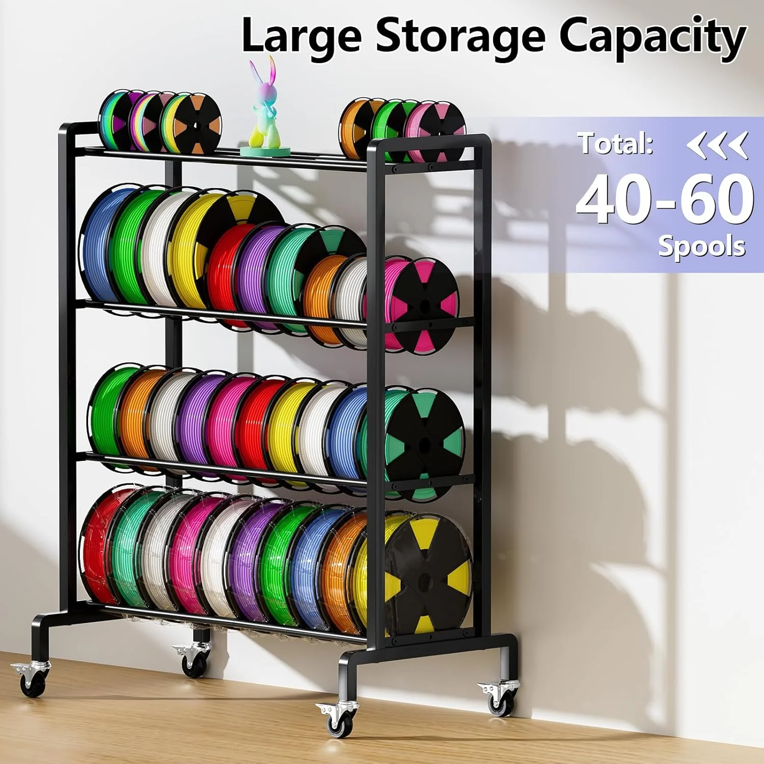قفسه نگهداری فیلامنت پرینتر سه بعدی آناستا، قفسه فلزی مقاوم با چرخ، قفسه متحرک 4 طبقه برای سازماندهی، قفسه با ظرفیت بالا برای 50 قرقره مناسب استودیو خانگی پرینت سه بعدی