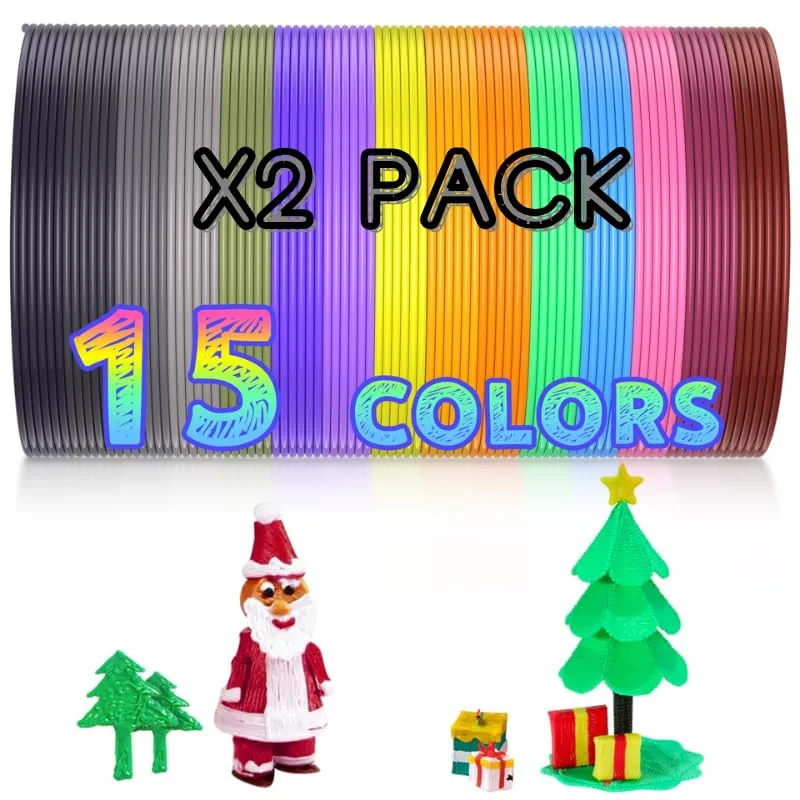 فیلامنت قلم سه بعدی PLA ابریشمی AMOLEN، 15 رنگ × 2 بسته (20 فوت در هر رنگ، مجموع 600 فوت)، فیلامنت PLA ابریشمی چند رنگ 1.75 میلی متری سازگار با SCRIB3D، PIKA3D، MYNT3D