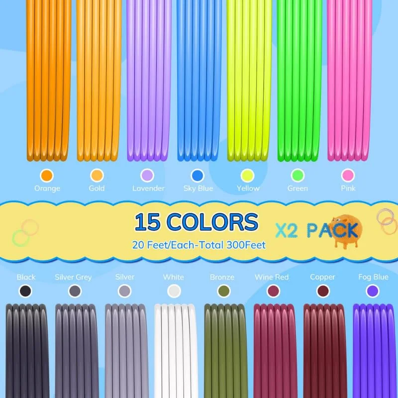 فیلامنت قلم سه بعدی PLA ابریشمی AMOLEN، 15 رنگ × 2 بسته (20 فوت در هر رنگ، مجموع 600 فوت)، فیلامنت PLA ابریشمی چند رنگ 1.75 میلی متری سازگار با SCRIB3D، PIKA3D، MYNT3D