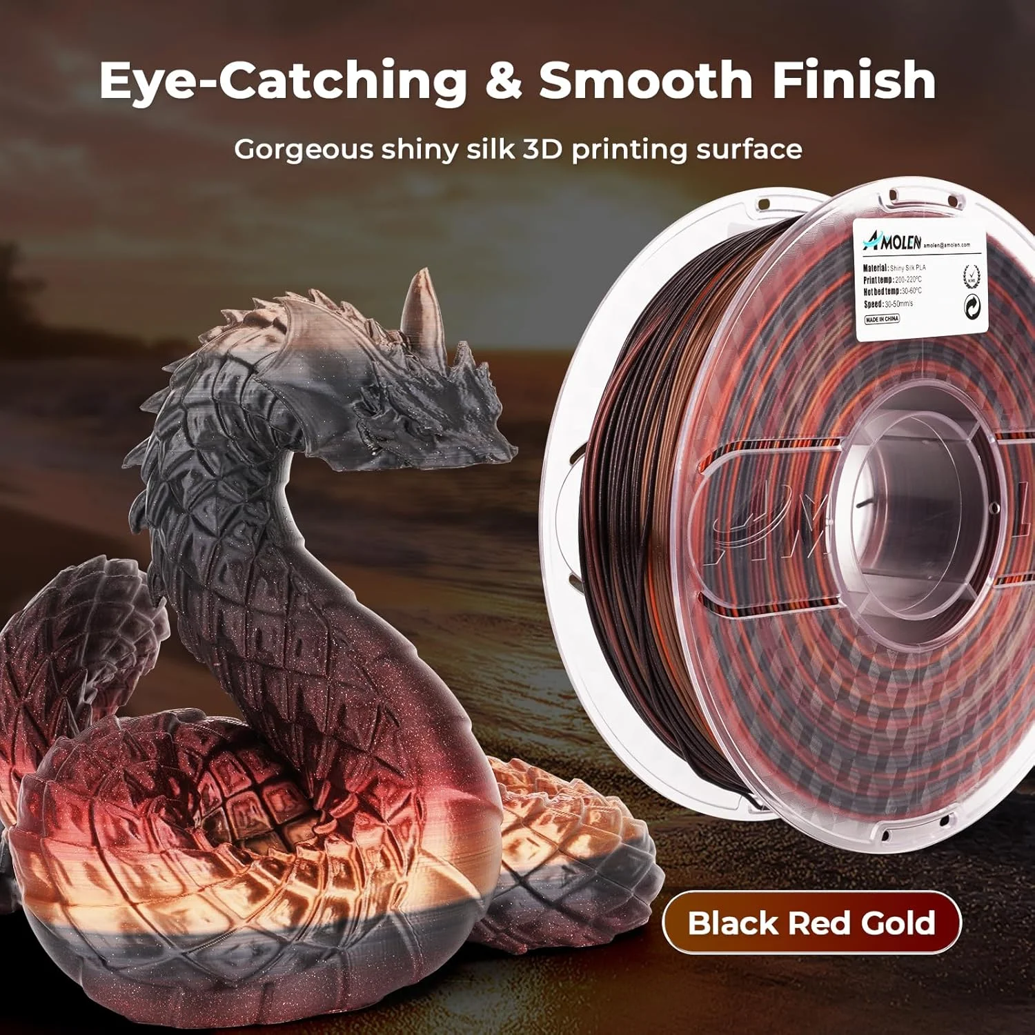 فیلامنت پرینتر سه بعدی PLA آمولن، فیلامنت PLA 1.75mm ابریشمی مشکی قرمز طلایی براق، فیلامنت پرینت سه بعدی 1 کیلوگرم/2.2 پوند فیلامنت پرینتر سه بعدی PLA آمولن، فیلامنت PLA 1.75mm ابریشمی مشکی قرمز طلایی براق، فیلامنت پرینت سه بعدی 1 کیلوگرم/2.2 پوند
