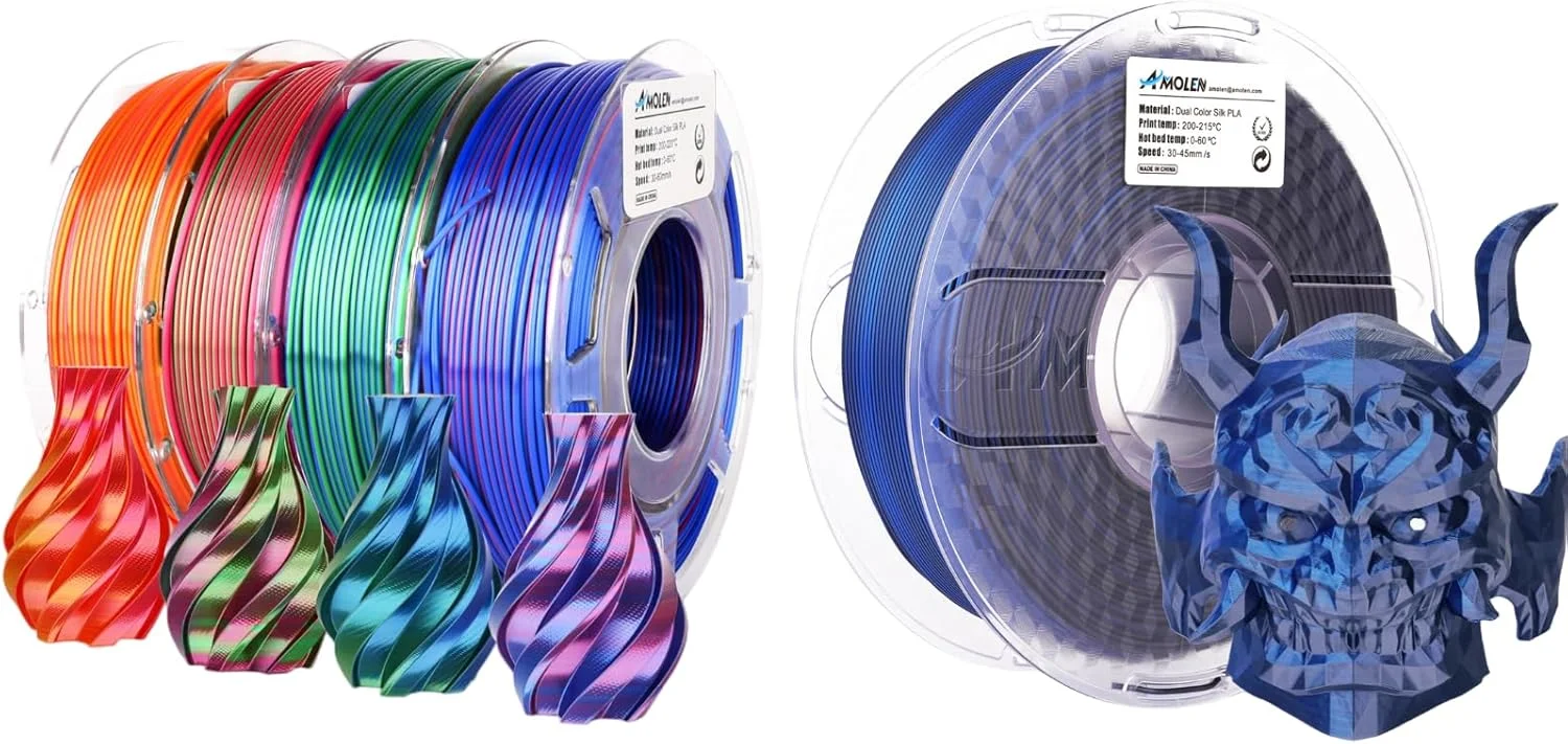 بسته فیلامنت پرینتر سه بعدی AMOLEN، فیلامنت PLA 1.75 میلی‌متری، فیلامنت دو رنگ، ابریشمی قرمز طلایی، ابریشمی قرمز سبز، ابریشمی قرمز آبی، ابریشمی آبی سبز، مشکی آبی