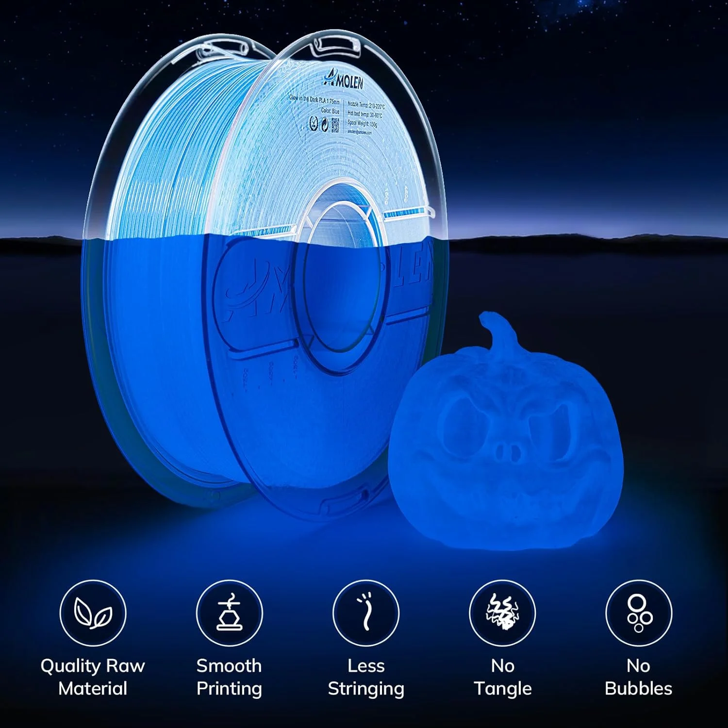 فیلامنت پرینتر سه بعدی PLA آمولن، فیلامنت PLA آبی شب‌تاب 1.75 میلی‌متری برای پرینت سه بعدی، بهترین عملکرد با لامپ‌های UV، اسپول 1 کیلوگرمی (2.2 پوند)، دقت ابعادی +/- 0.02 میلی‌متر، مناسب برای اکثر پرینترهای سه بعدی FDM