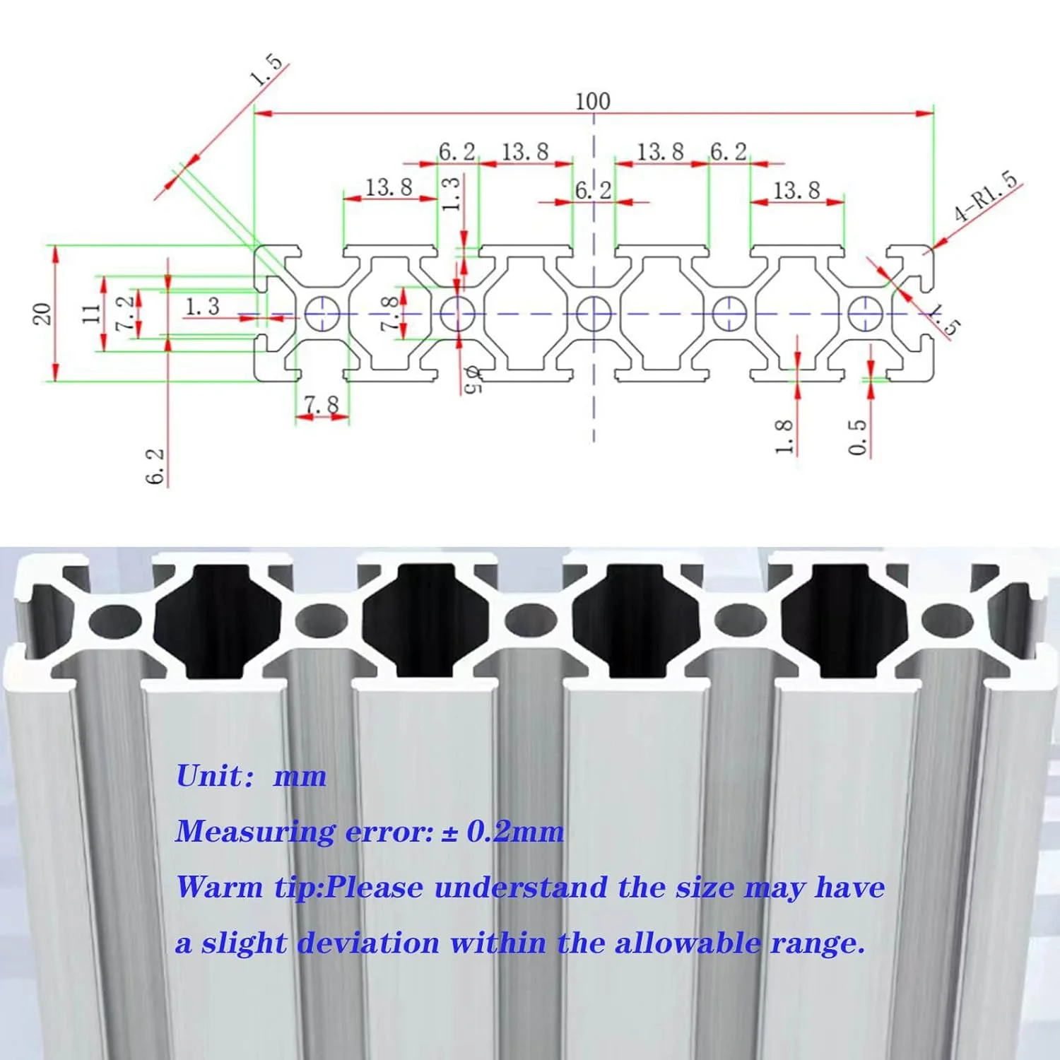 پروفیل آلومینیومی شیاردار 20100 برای قطعات پرینتر سه بعدی و CNC DIY نقره ای 500mmX2