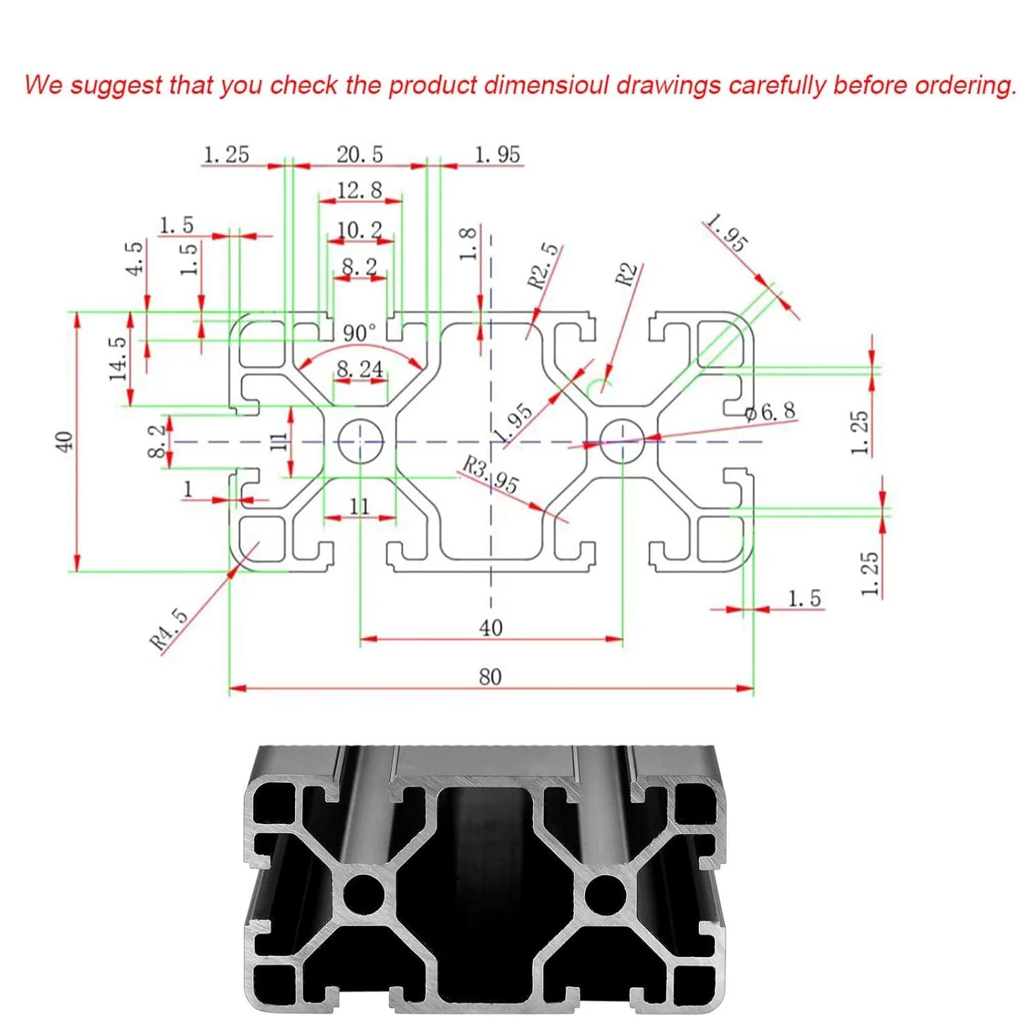 پروفیل آلومینیومی شیاردار 4080 برای قطعات پرینتر سه بعدی و CNC DIY مشکی 2000mmX2 (78.7 اینچ)