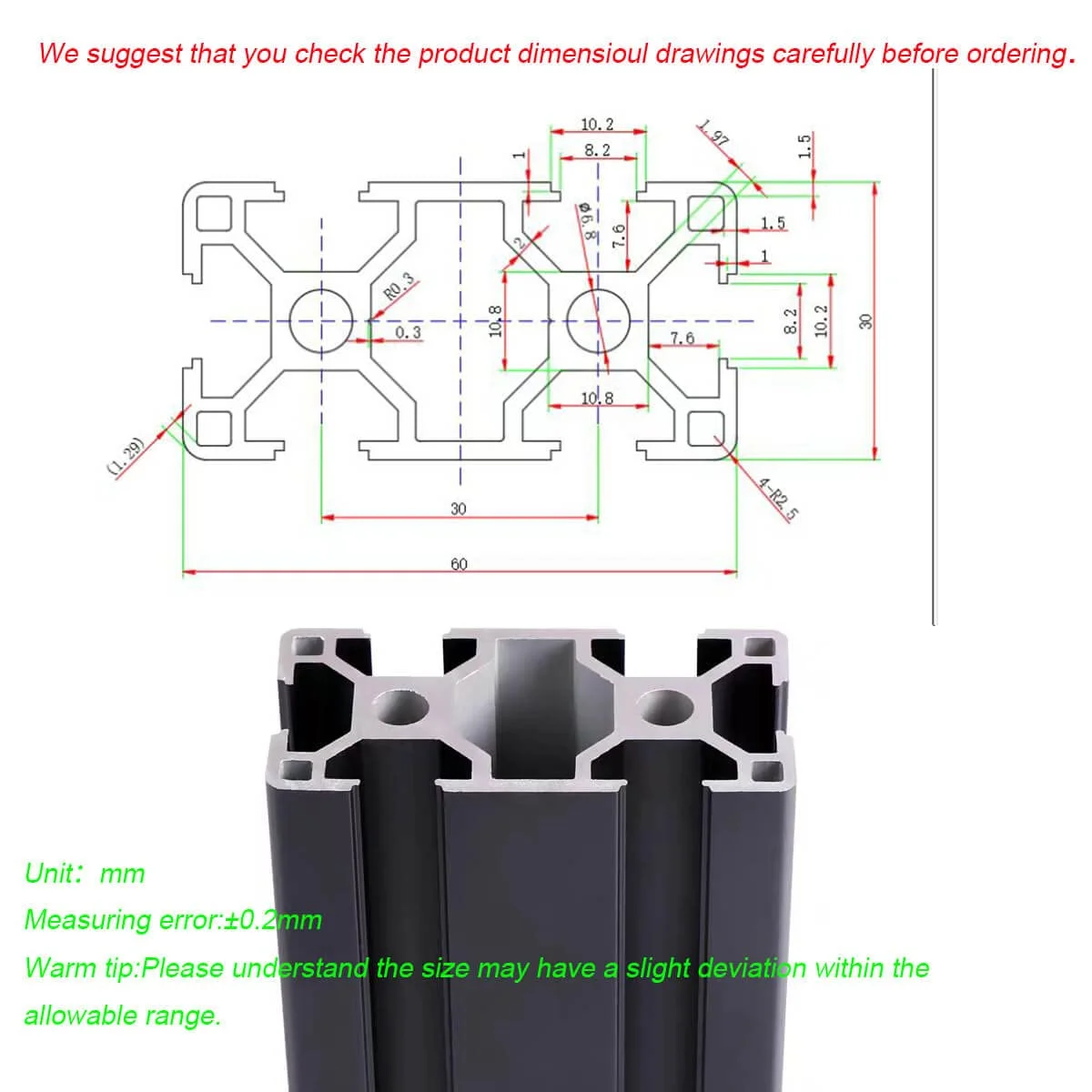 پروفیل آلومینیومی شیاردار 3060 برای قطعات پرینتر سه بعدی و CNC DIY مشکی 500mmX1