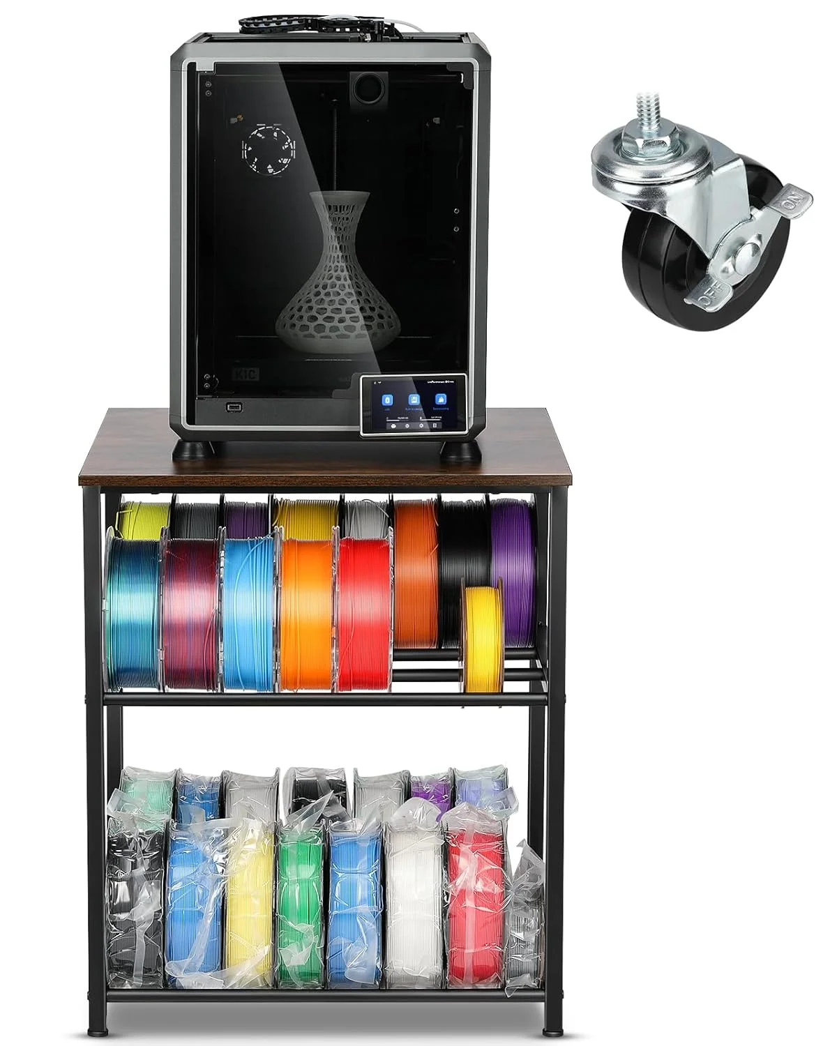 پایه پرینتر سه بعدی با محل نگهداری فیلامنت - میز پرینتر سه بعدی سنگین با چرخ برای کارگاه، استودیو، دفتر (قهوه ای)