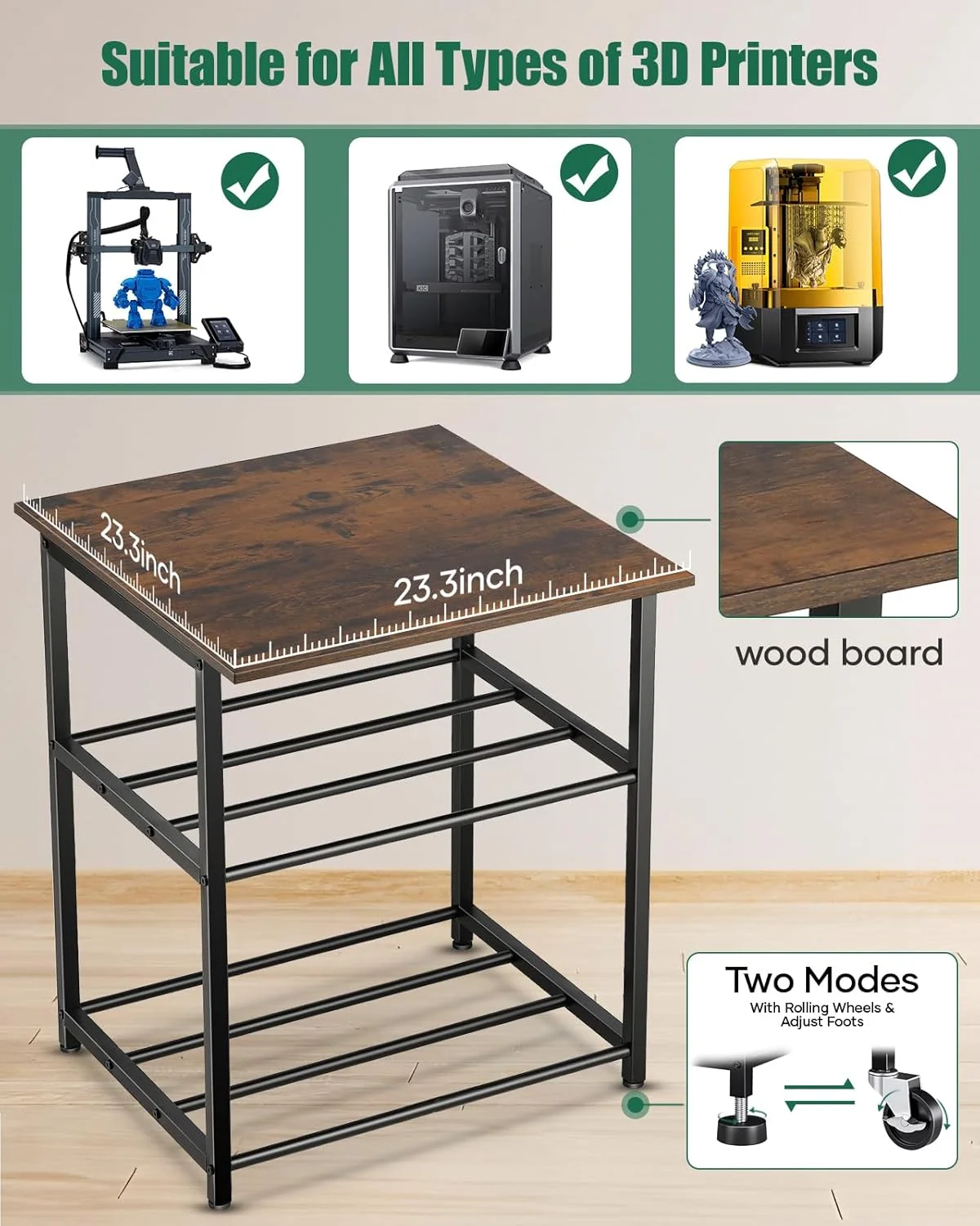 پایه پرینتر سه بعدی با محل نگهداری فیلامنت - میز پرینتر سه بعدی سنگین با چرخ برای کارگاه، استودیو، دفتر (قهوه ای)