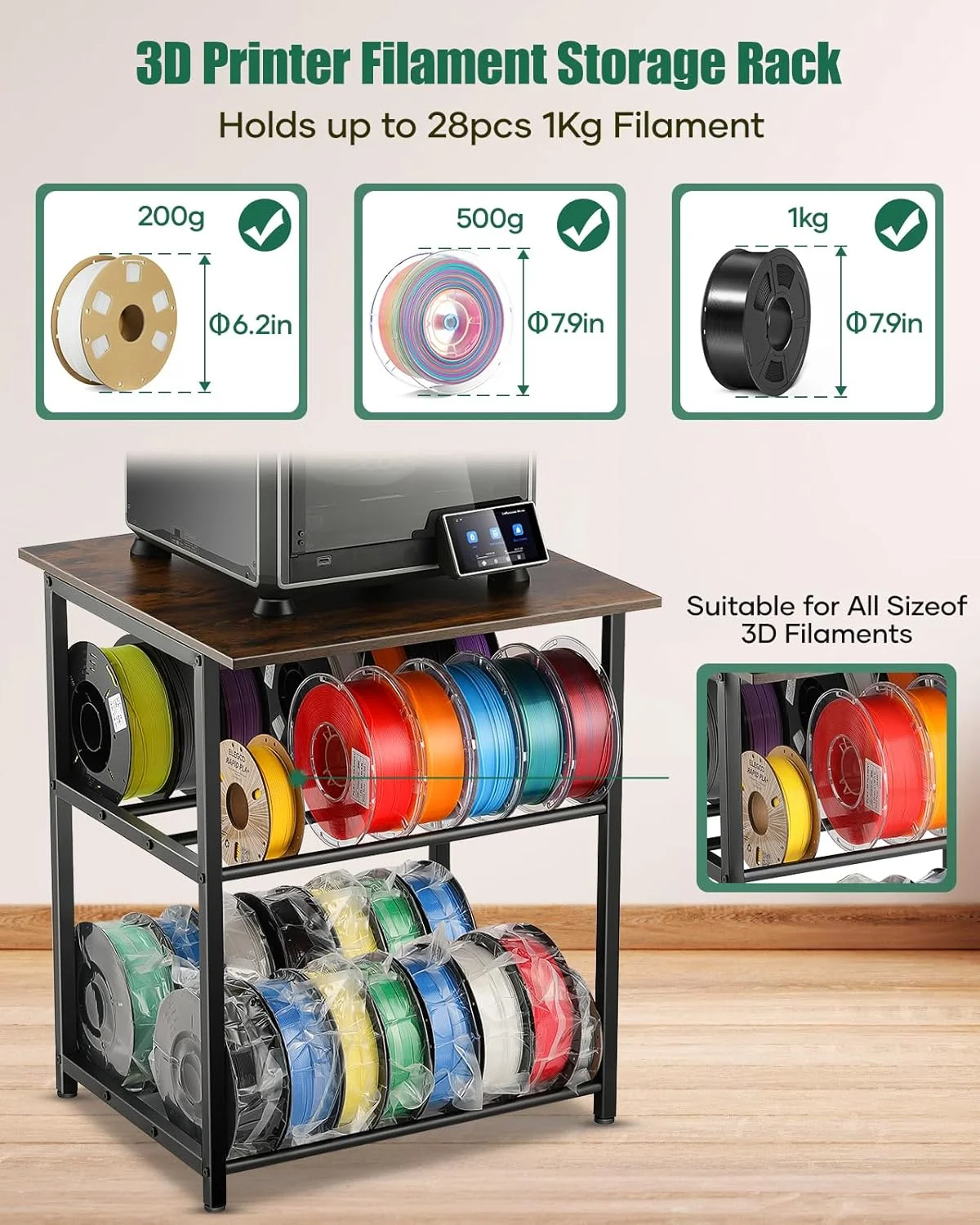 پایه پرینتر سه بعدی با محل نگهداری فیلامنت - میز پرینتر سه بعدی سنگین با چرخ برای کارگاه، استودیو، دفتر (قهوه ای)
