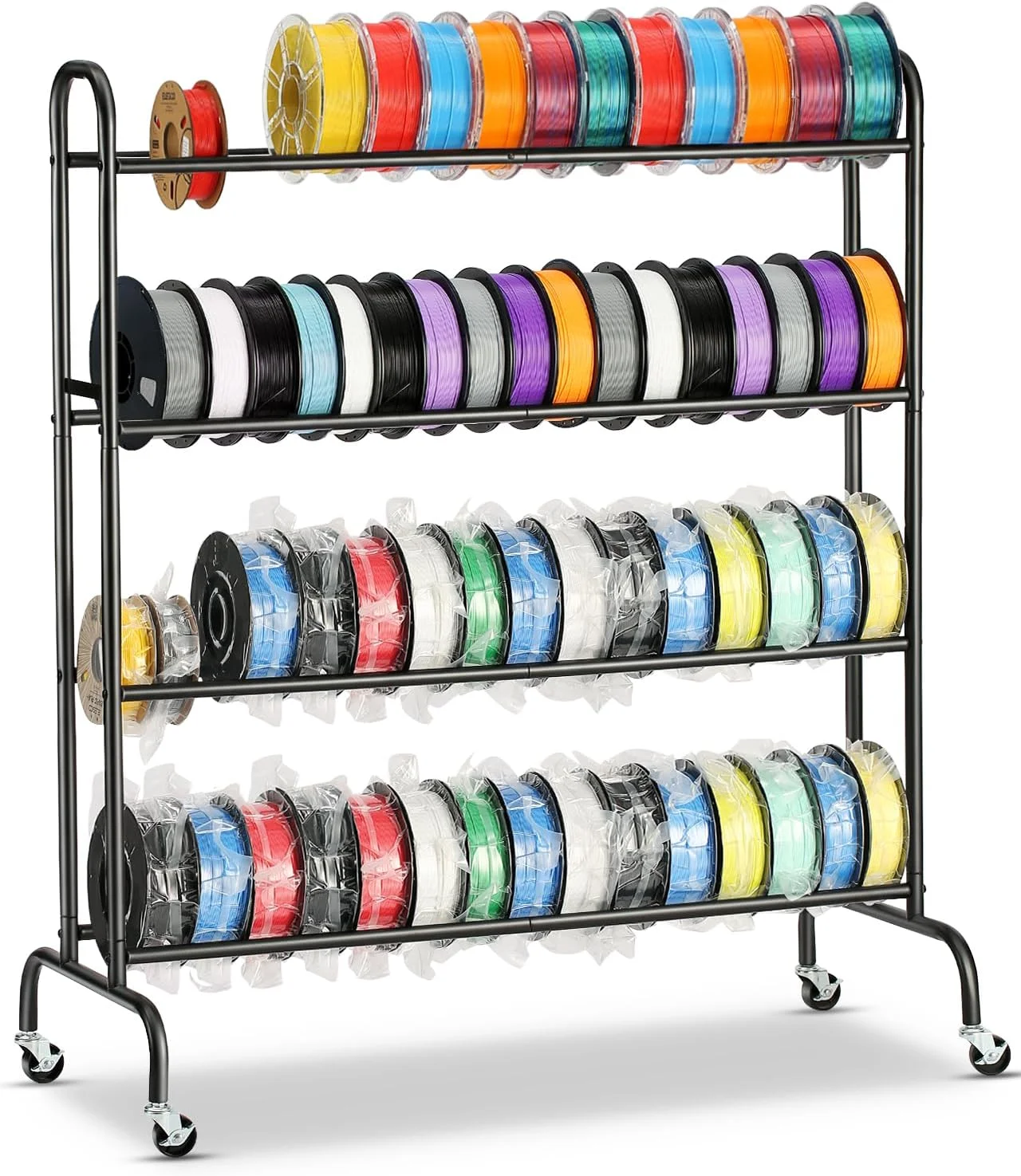 قفسه نگهداری فیلامنت پرینتر سه بعدی - قفسه های چرخدار 4 طبقه نگهدارنده قرقره فیلامنت با چرخ، قفسه فلزی سنگین برای PLA/ABS/TPU، سازماندهی فیلامنت ها برای استودیو چاپ سه بعدی، کارگاه اداری