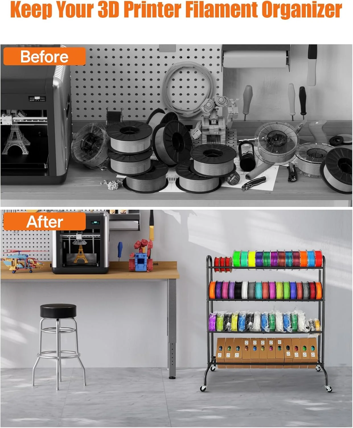 قفسه نگهداری فیلامنت پرینتر سه بعدی - قفسه های چرخدار 4 طبقه نگهدارنده قرقره فیلامنت با چرخ، قفسه فلزی سنگین برای PLA/ABS/TPU، سازماندهی فیلامنت ها برای استودیو چاپ سه بعدی، کارگاه اداری