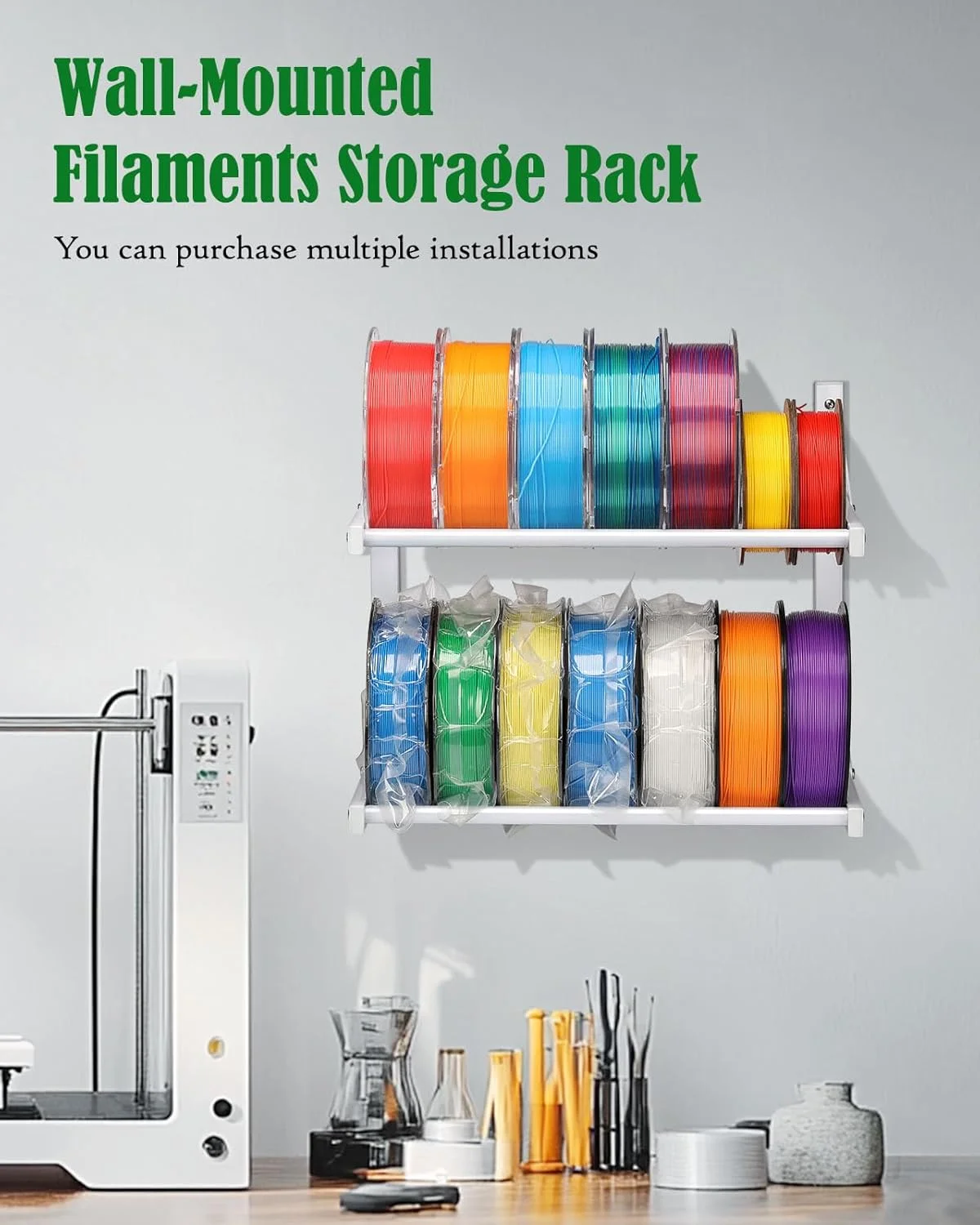 قفسه نگهداری فیلامنت دیواری - قفسه دیواری دو طبقه نگهدارنده قرقره فیلامنت پرینتر سه بعدی، قفسه فلزی سنگین برای PLA/ABS/TPU، سازماندهی فیلامنت ها (سفید)