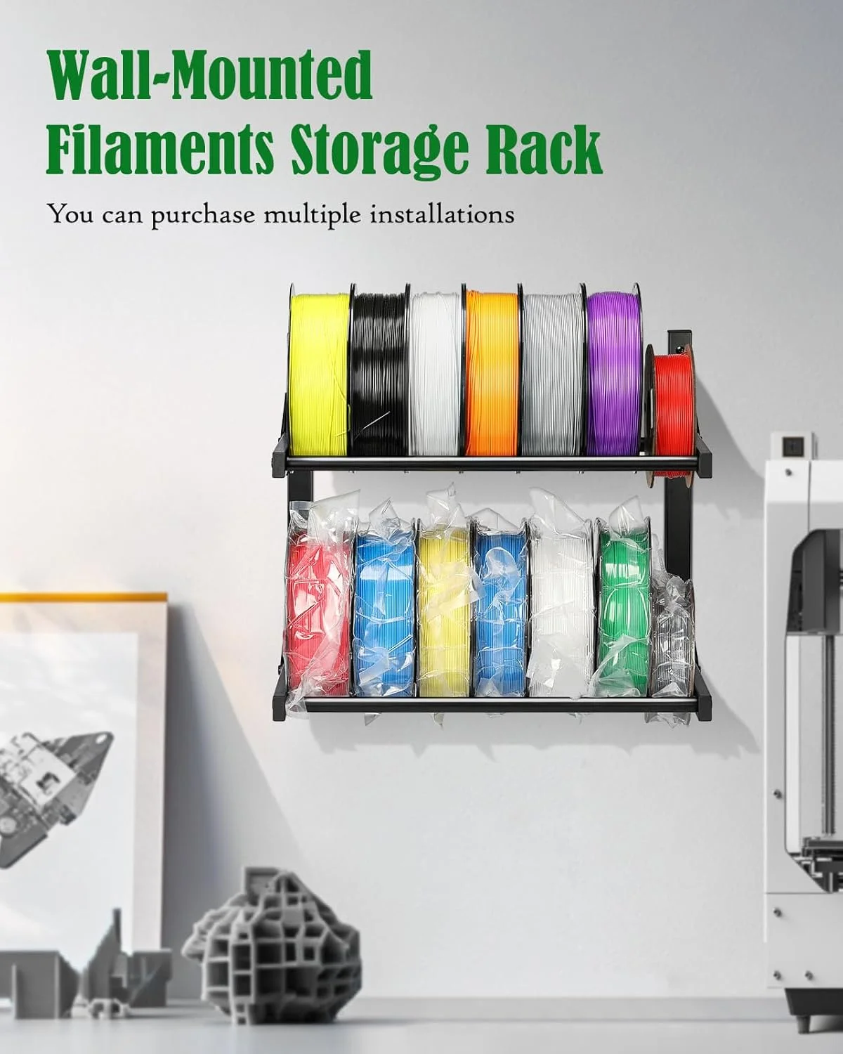 قفسه دیواری نگهداری فیلامنت - قفسه دیواری دو طبقه نگهدارنده قرقره فیلامنت پرینتر سه بعدی، قفسه فلزی سنگین برای PLA/ABS/TPU، سازماندهی فیلامنت ها (مشکی)