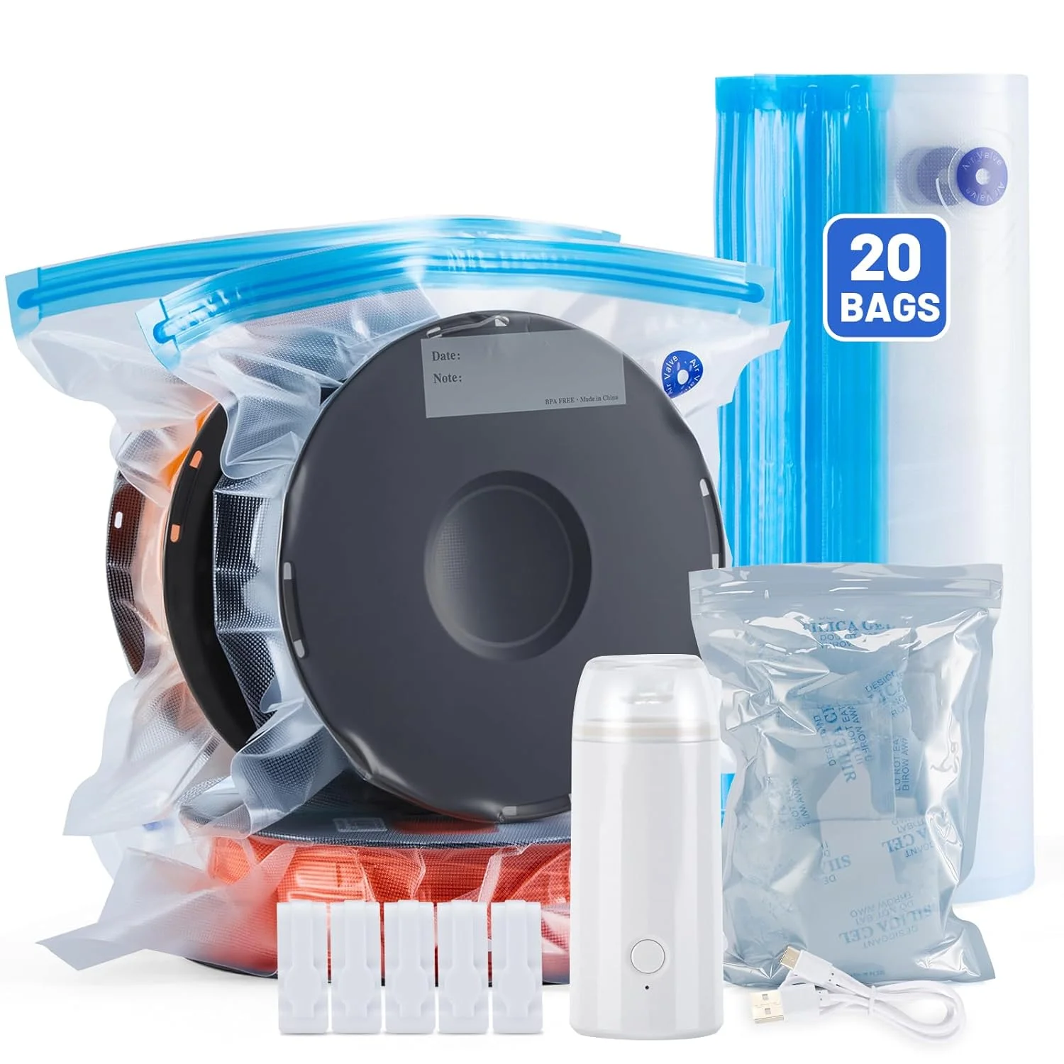 کیسه های نگهداری فیلامنت پرینتر سه بعدی AGPTEK، 30x34 سانتی متر (بسته 20 عددی) - کیت وکیوم با پمپ برقی 500 میلی آمپر و مواد خشک کننده سیلیکاژل، ضد رطوبت و ضد گرد و غبار برای فیلامنت های PLA، ABS، PETG (PA+PE)