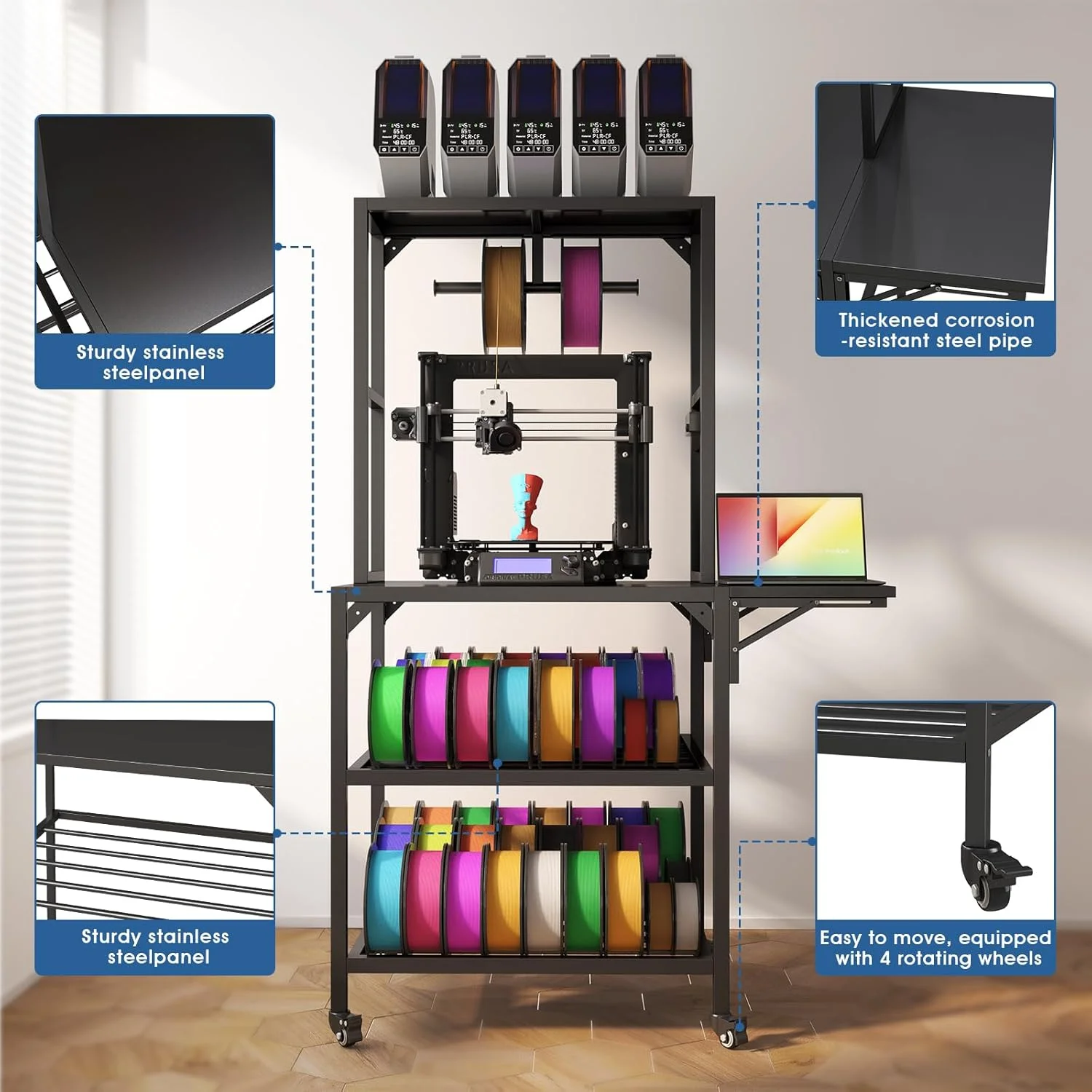 پایه پرینتر سه بعدی، میز پایه پرینتر سه بعدی سنگین با قفسه نگهداری فیلامنت، قفسه نگهدارنده قرقره T شکل با چرخ، میز کار پرینتر سه بعدی برای استودیو چاپ سه بعدی، کارگاه اداری خانگی