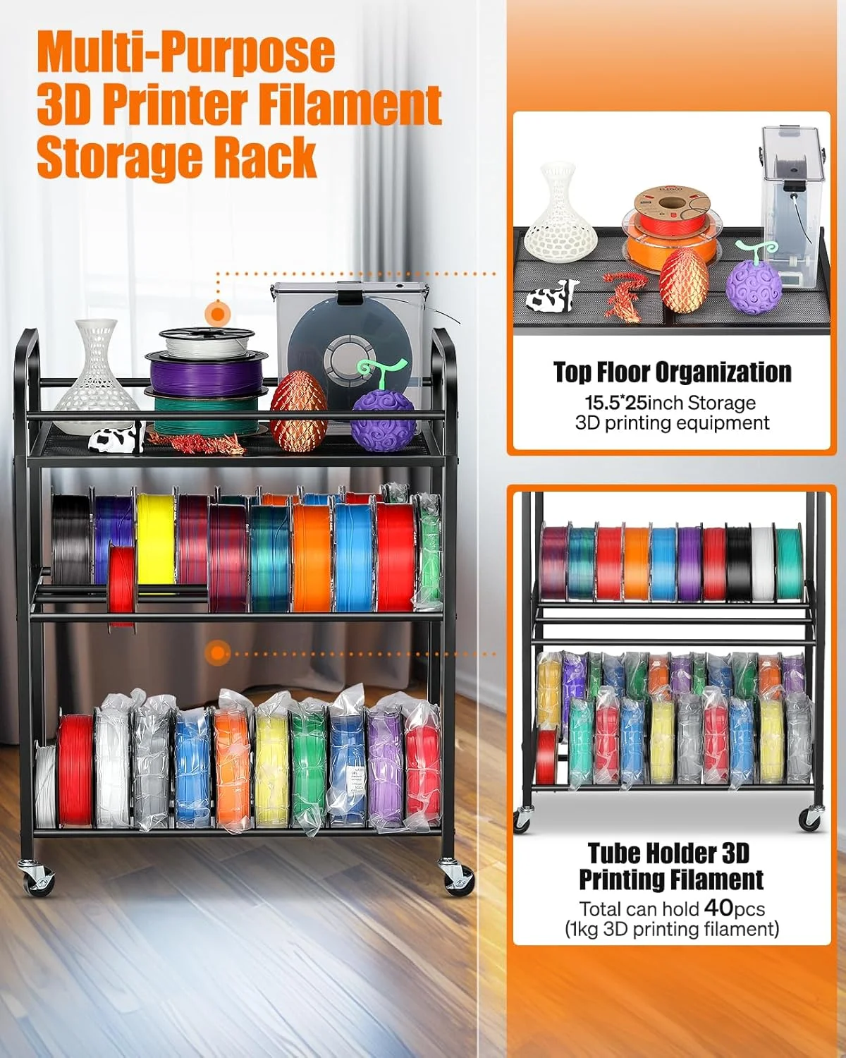 قفسه نگهداری فیلامنت پرینتر سه بعدی - قفسه های چرخ دار نگهدارنده قرقره فیلامنت، قفسه فلزی سنگین برای PLA/ABS/TPU/Nylon، سازماندهی فیلامنت ها برای استودیو چاپ سه بعدی، کارگاه اداری (مشکی)