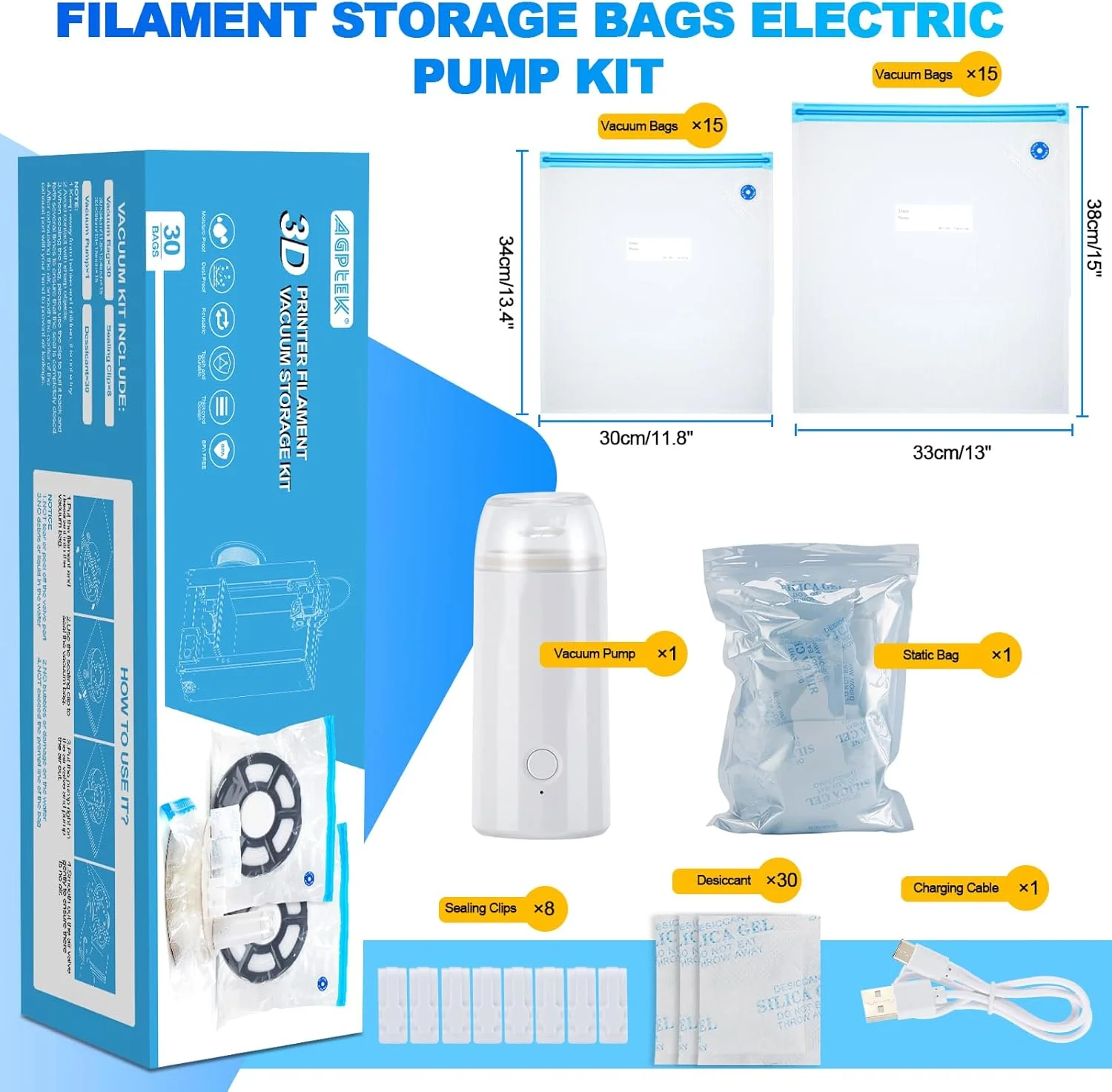 کیسه های نگهداری فیلامنت پرینتر سه بعدی AGPTEK (بسته 30 عددی) - 30x34 سانتی متر و 33x38 سانتی متر، پمپ برقی 500 میلی آمپر و مواد خشک کننده سیلیکاژل، ضد رطوبت و ضد گرد و غبار برای PLA، ABS، PETG (PA+PE)