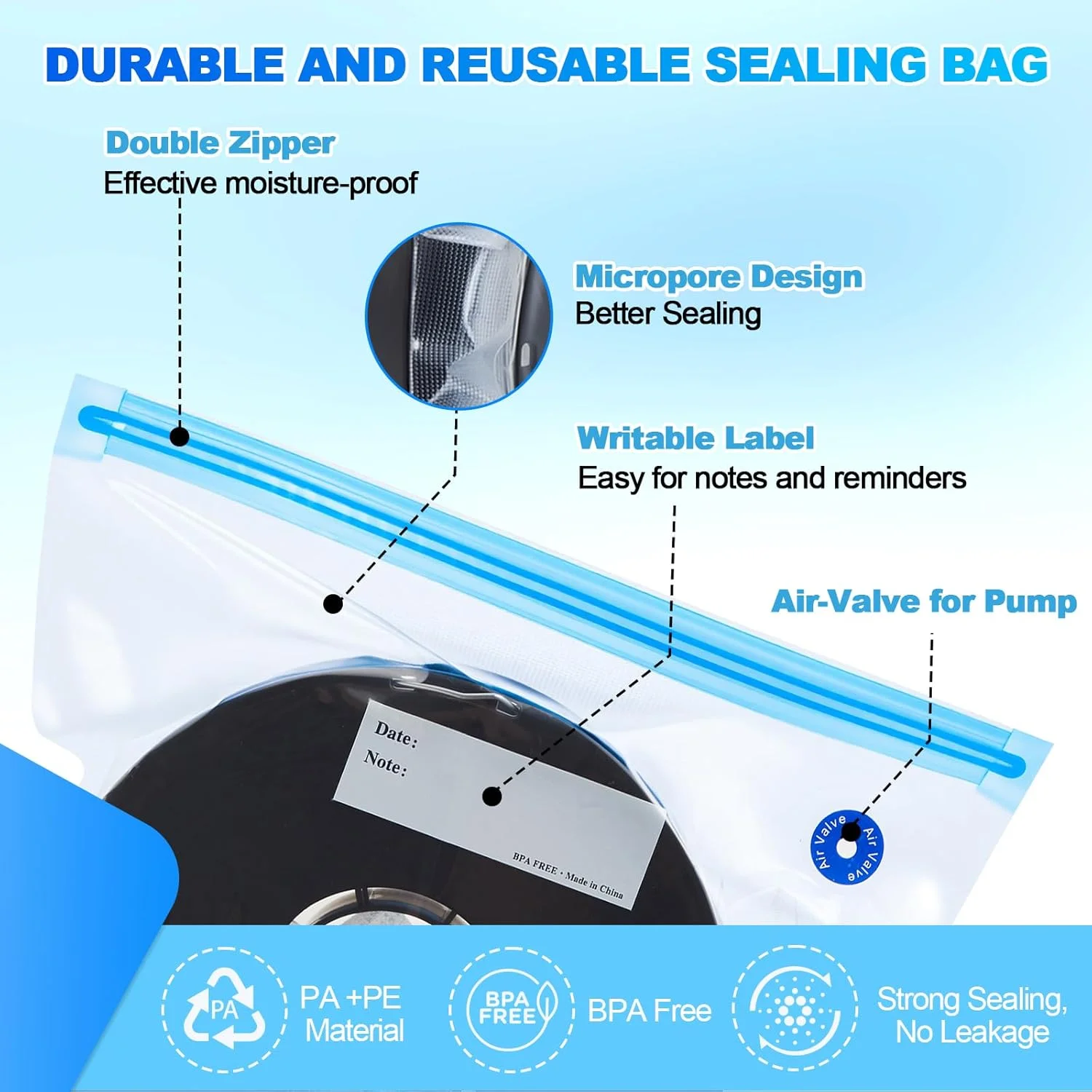 کیسه های نگهداری فیلامنت پرینتر سه بعدی AGPTEK (بسته 30 عددی) - 30x34 سانتی متر و 33x38 سانتی متر، پمپ برقی 500 میلی آمپر و مواد خشک کننده سیلیکاژل، ضد رطوبت و ضد گرد و غبار برای PLA، ABS، PETG (PA+PE)