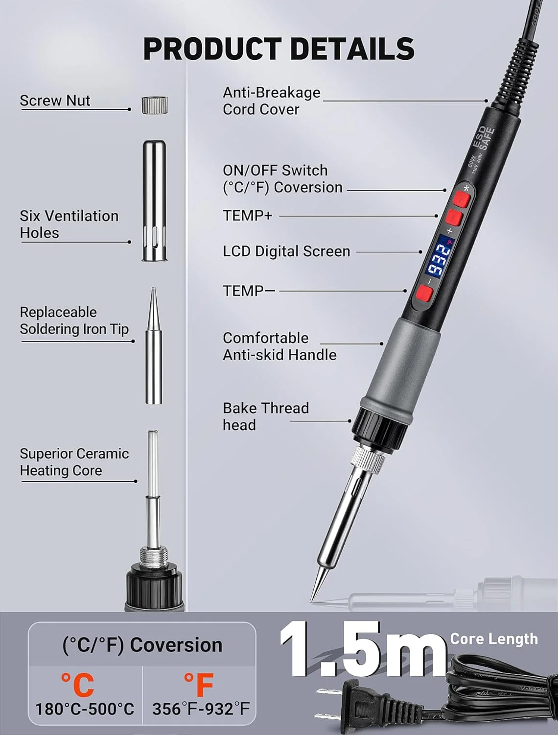 کیت ابزار چاپگر سه بعدی 21 در 1، کیت هویه قابل تنظیم دیجیتال LCD 60 واتی، لوازم جانبی چاپ ترموستاتیک دما با مهره ذوب داغ برنجی و سر جوشکاری، ابزار جوشکاری برای الکترونیک