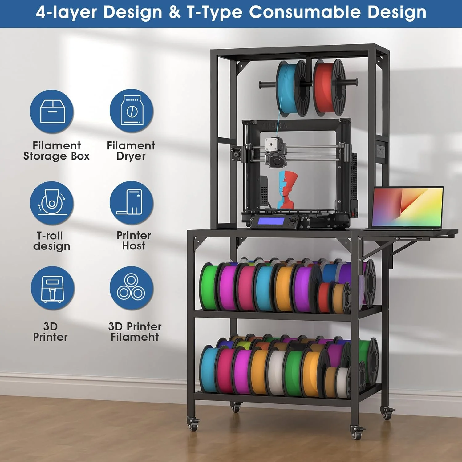 پایه پرینتر سه بعدی، میز پایه پرینتر سه بعدی سنگین با قفسه نگهداری فیلامنت، قفسه نگهدارنده قرقره T شکل با چرخ، میز کار پرینتر سه بعدی برای استودیو چاپ سه بعدی