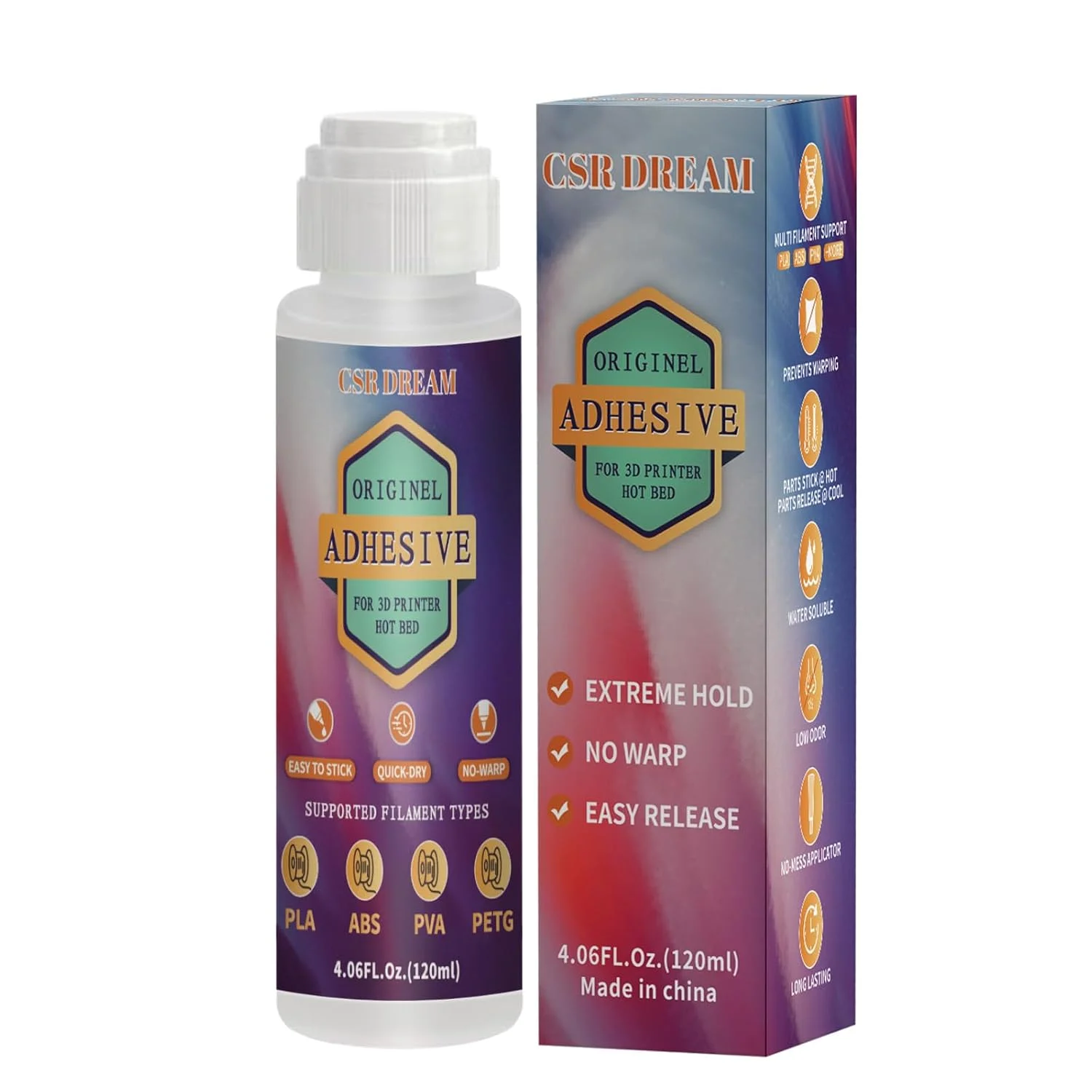 چسب چسبنده پرینتر سه بعدی، چسب های اصلی حرفه ای چاپ سه بعدی برای جوش بستر گرم، چسبندگی قوی، کاهش تاب برداشتن برای فیلامنت های ABS، PLA، PLA+، PETG و TPU Flex، بدون باقیمانده، بادوام تر از چسب - 120 میلی لیتر