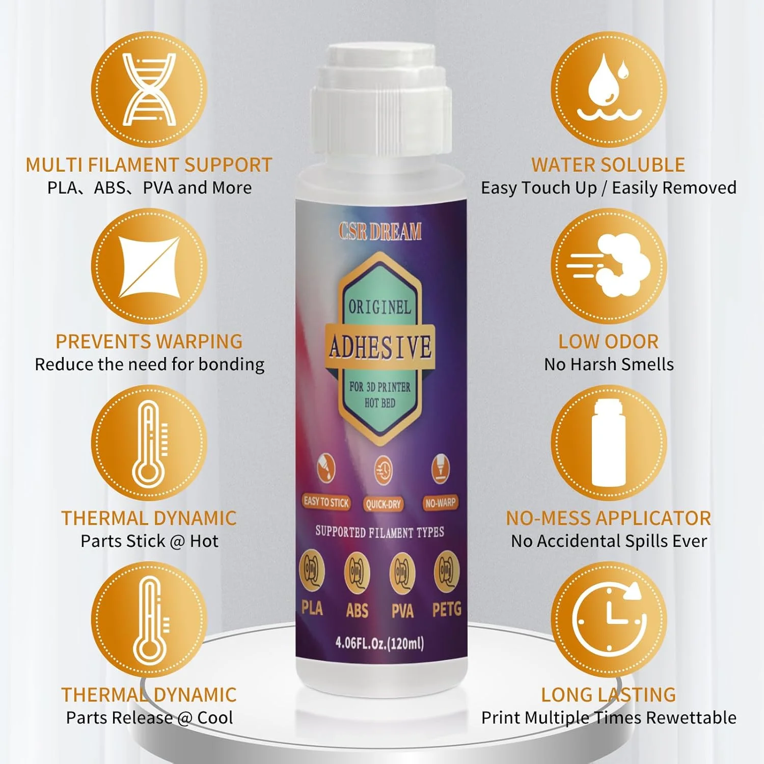 چسب چسبنده پرینتر سه بعدی، چسب های اصلی حرفه ای چاپ سه بعدی برای جوش بستر گرم، چسبندگی قوی، کاهش تاب برداشتن برای فیلامنت های ABS، PLA، PLA+، PETG و TPU Flex، بدون باقیمانده، بادوام تر از چسب - 120 میلی لیتر