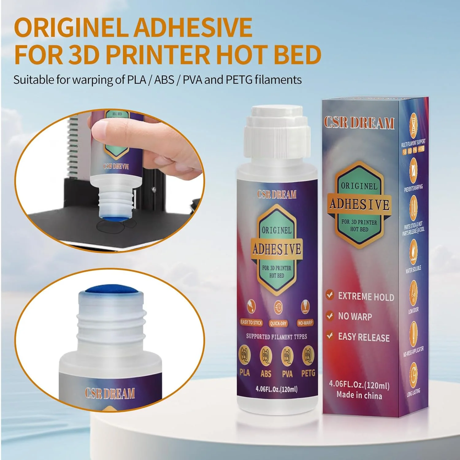 چسب چسبنده پرینتر سه بعدی، چسب های اصلی حرفه ای چاپ سه بعدی برای جوش بستر گرم، چسبندگی قوی، کاهش تاب برداشتن برای فیلامنت های ABS، PLA، PLA+، PETG و TPU Flex، بدون باقیمانده، بادوام تر از چسب - 120 میلی لیتر