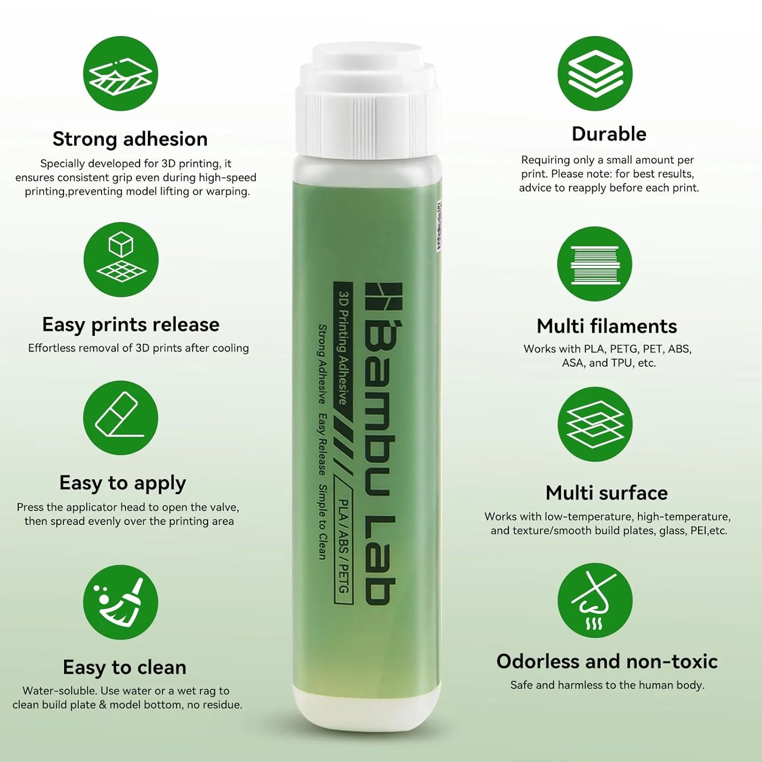 چسب بستر پرینتر سه بعدی بامبو لب، چسب پرینت سه بعدی برای بستر گرم، جلوگیری از تاب برداشتن برای پرینت ABS، PLA، PETG، TPU روی صفحات ساخت مختلف با چسبندگی قوی تر، بدون باقیمانده، بادوام تر از چسب ماتیکی - 60 میلی لیتر