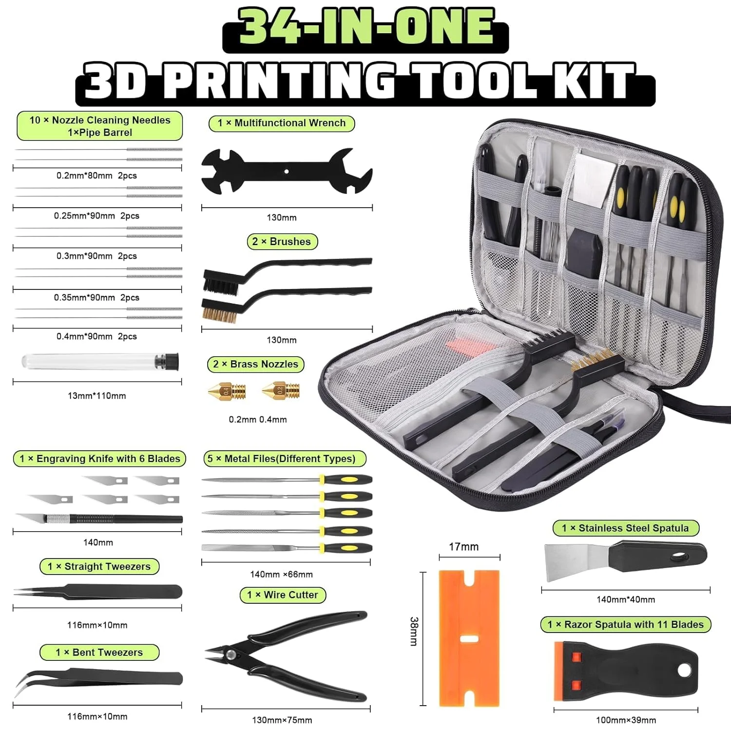 کیت ابزار پرینتر سه بعدی، 34 قطعه لوازم جانبی پرینتر سه بعدی برای همه پرینترهای FDM/SLA شامل ابزار تمیز کردن نازل، کاردک های جداکننده، ابزار پرداخت، 5 نوع سوهان، برس، سیم چین، چاقوی حکاکی