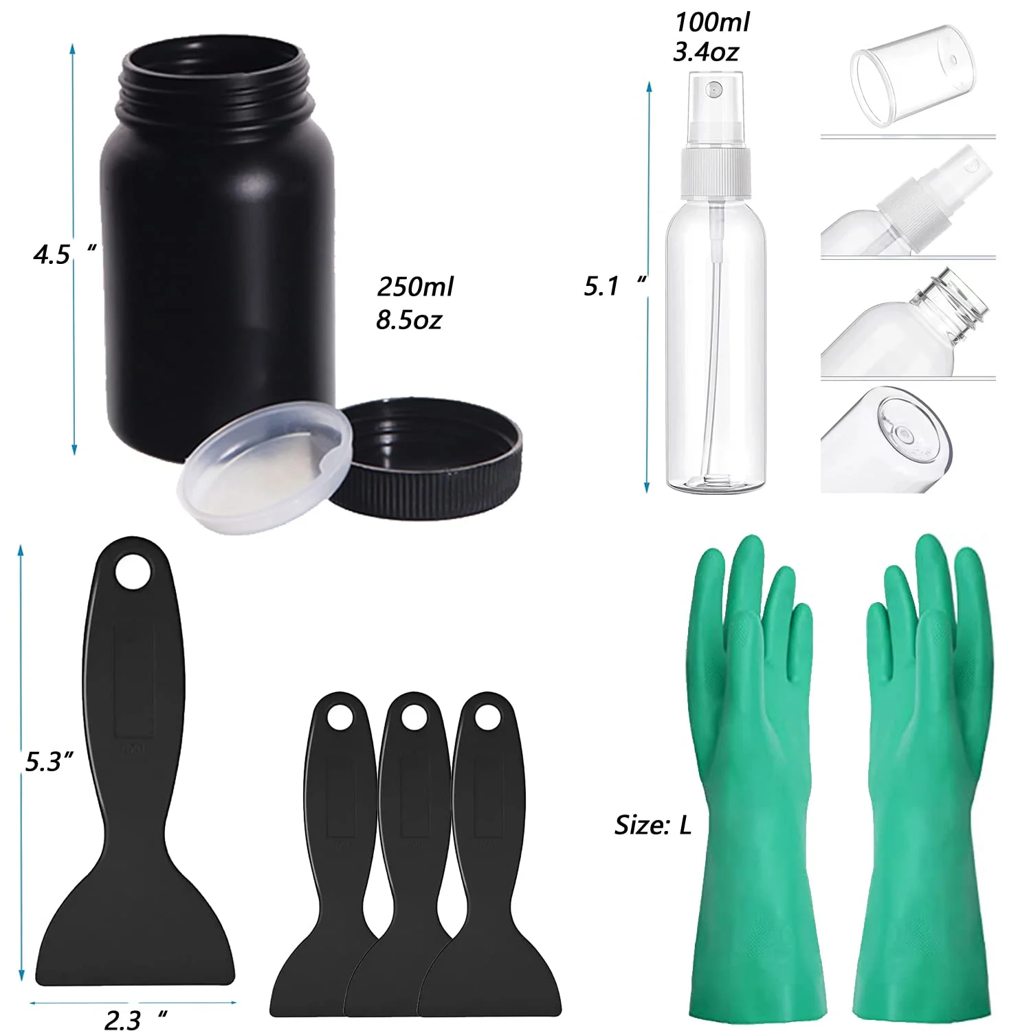 لوازم جانبی پرینتر سه بعدی LCD شامل قیف استیل، فیلتر رزین، پد سیلیکونی، بطری رزین حساس به نور و ابزار اولیه برای چاپ SLA/DLP