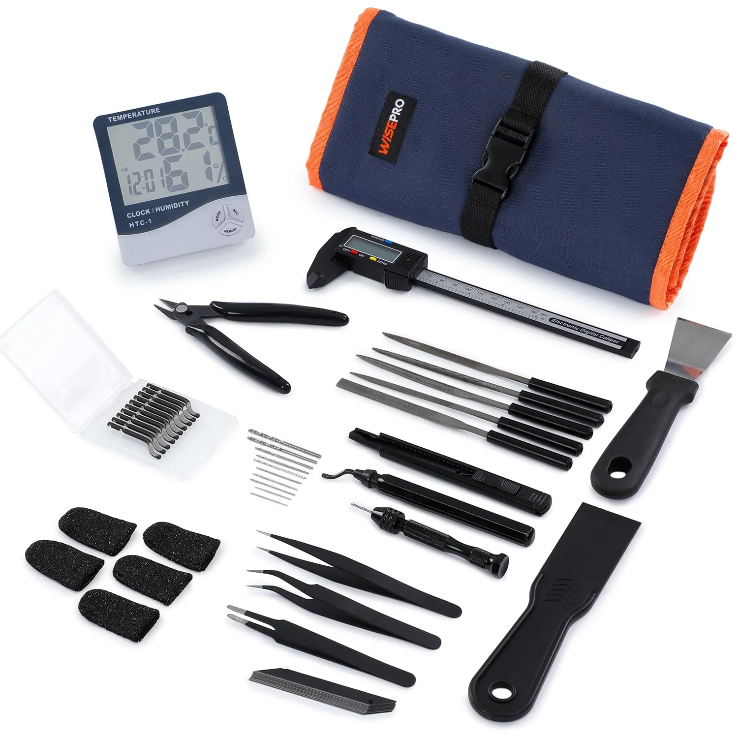 مجموعه ابزار چاپ سه بعدی 52 تکه، شامل ابزار پرداخت لبه، مجموعه سنباده، کاردک، کولیس، رطوبت سنج و دماسنج و کیف، مجموعه ابزار چاپ سه بعدی برای برداشتن، پیرایش و پرداخت